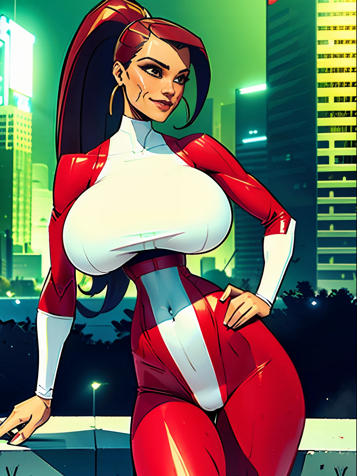 1girl, short busty petite brunette comic book woman, gorgeous face, masterpiece, beautiful, high quality, high definition, superb quality, highly detailed, insane detail, hands on hips, happy, smiling, sexy pose, hand on hip, long hair, huge ponytail, slim, thin, athletic, womanly, rubbery, elastic woman, (modest red spandex with white panels on sides, red and white morph suit, tight top), rubber body, brunette, (((large breasts, big boobs, slim waist, overflowing breasts, too big for her top))), city, soft lighting, natural lighting, natural color, heroic, cheerful, (bold nose, hawkish facial features),