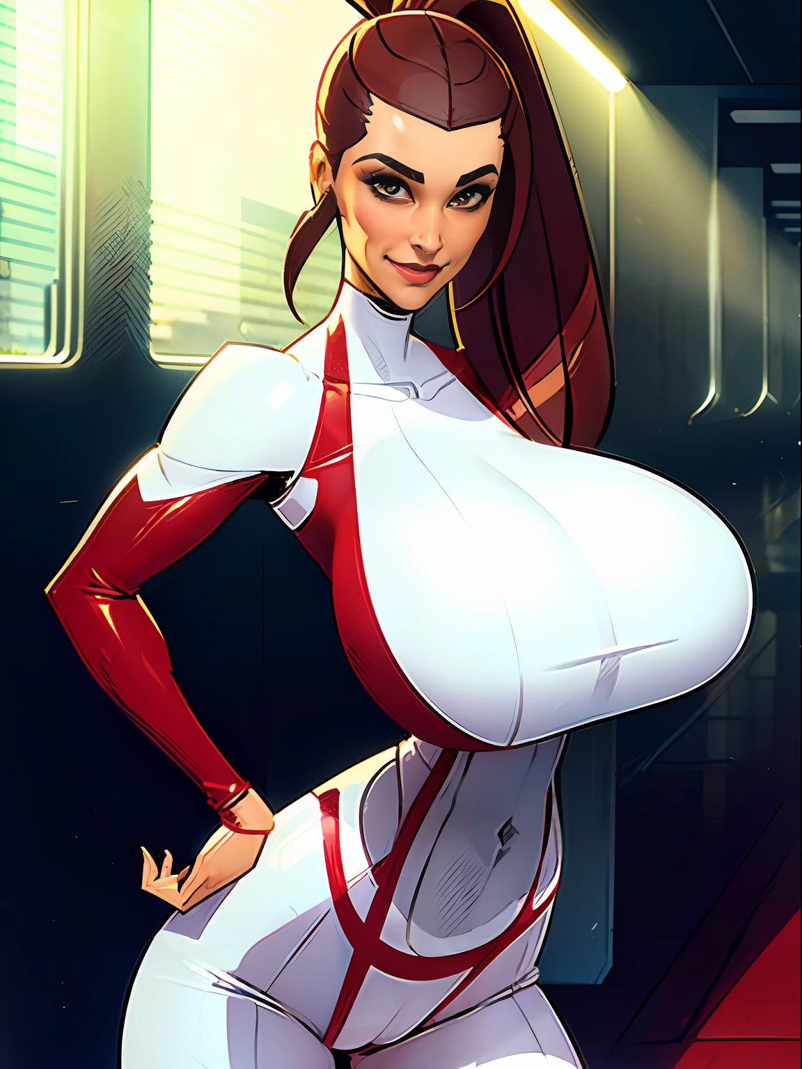 1girl, short busty petite brunette comic book woman, gorgeous face, masterpiece, beautiful, high quality, high definition, superb quality, highly detailed, insane detail, hands on hips, happy, smiling, sexy pose, hand on hip, long hair, huge ponytail, slim, thin, athletic, womanly, rubbery, elastic woman, (modest red spandex with white panels on sides, red and white morph suit, tight top), rubber body, brunette, (((large breasts, big boobs, slim waist, overflowing breasts, too big for her top))), city, soft lighting, natural lighting, natural color, heroic, cheerful, (bold nose, hawkish facial features),