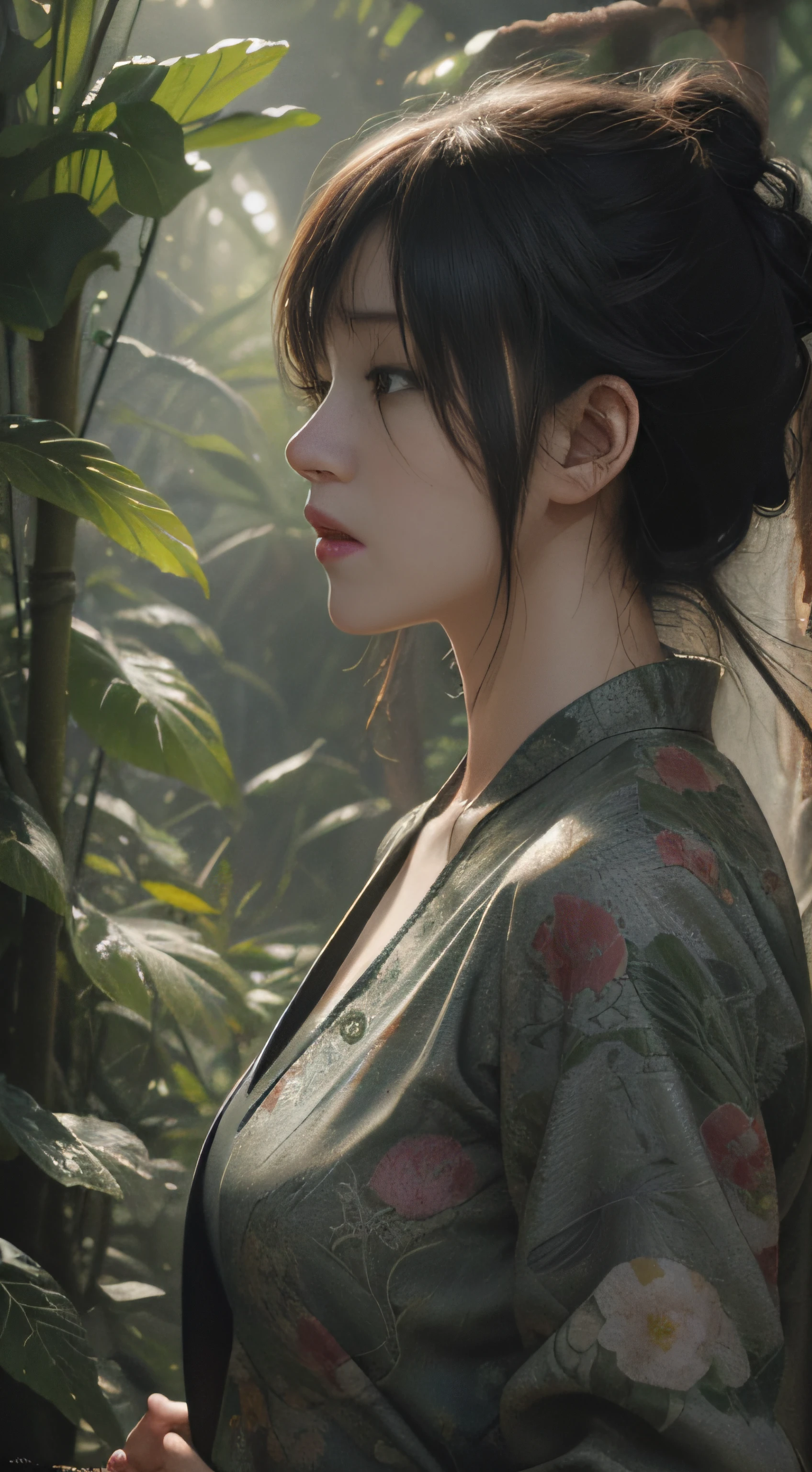 Detailed and intricate digital illustration of dense jungle full of exotic plants and animals，Sunlight filters through the canopy to create a mottled effect。The style of Yoshitaka Amano and Hayao Miyazaki，tmasterpiece，proportionate，the detail，trends in art station，beautiful light up，realisticlying，复杂，Award-Awarded，4k，Awarded for the highest quality，4K digital painting in the style of Yoshitaka Amano。A detailed and complex depiction of the zombie apocalypse，The chaos and drama of the scene is subtly captured。Beautiful lighting and cinematic composition make this piece a true masterpiece，