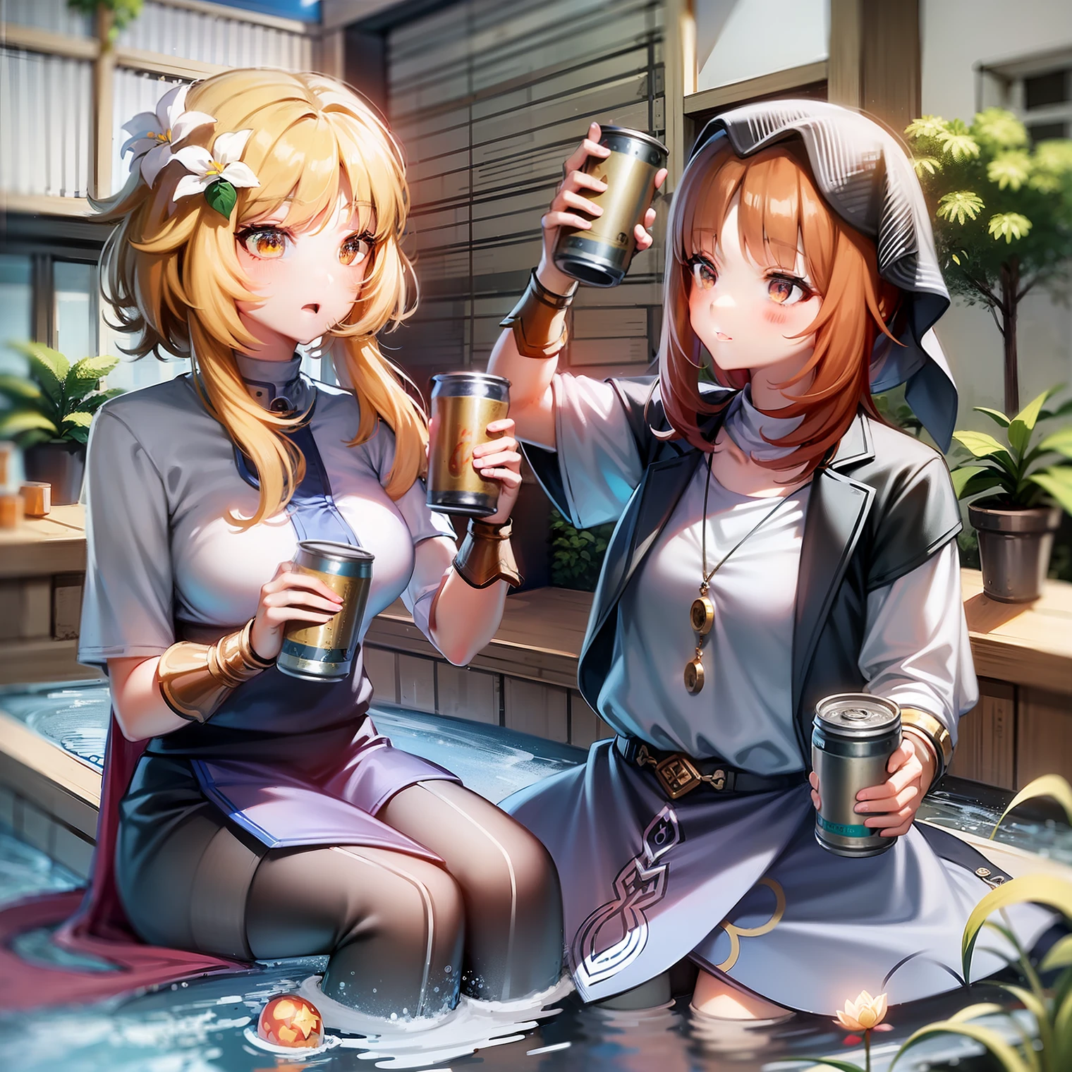 white shirt、a black skirt、tights、Canned beer、natta、starryskybackground、an anime girl、Immersed in water、waterface、Dark River、Plain black skirt、