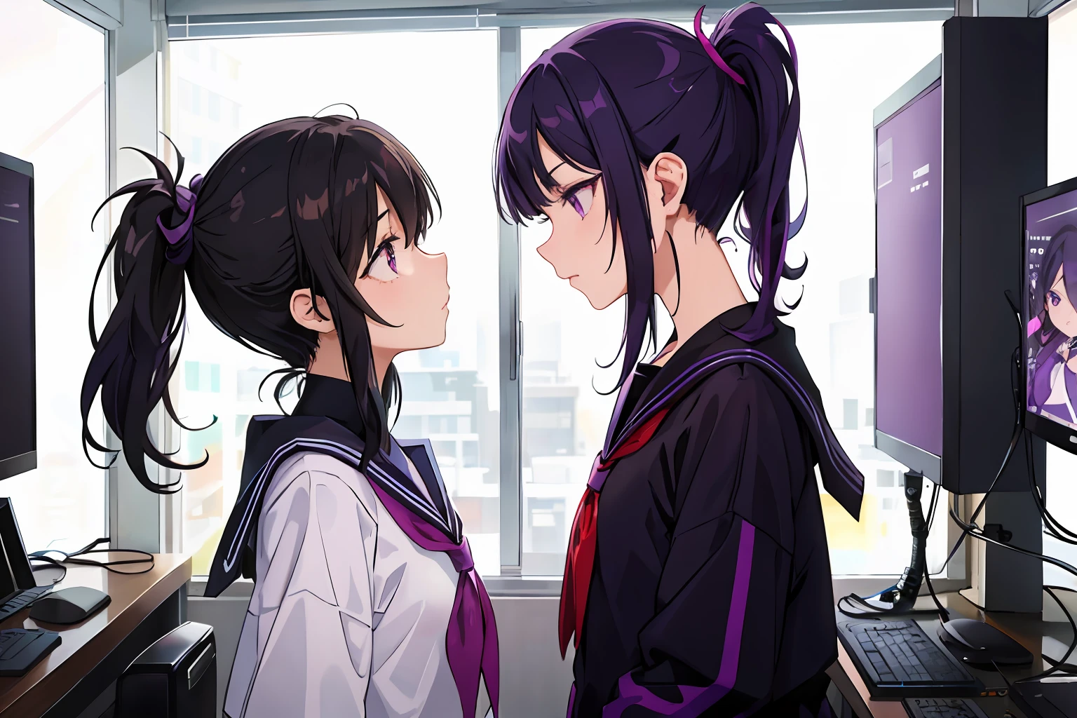 2girl, one is a girl with black hair in a ponytail and a sailor suit with purple eyes, the other is a short girl with black hair in a side ponytail and purple eyes in a sailor suit, (two girls are looking at each other, eye contact, face-to-face), purple cyberpunk landscape, room with many monitor, room with big windows, purple fluorescent light