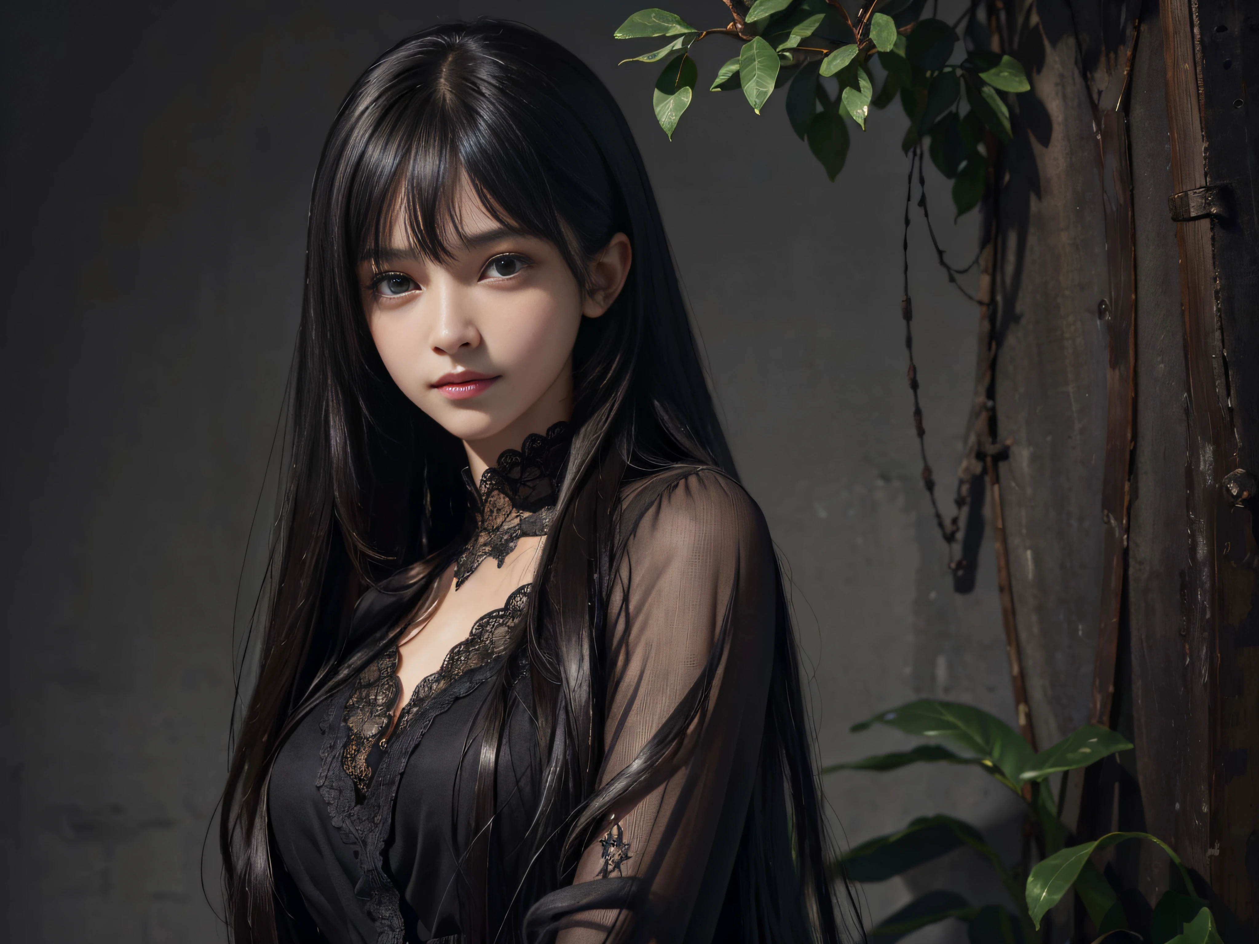 (Ultra Realistic), (Illustration), (Increased Resolution), (8K), (Extremely Detailed), (Best Illustration), (Beautiful and Detailed Eyes), (Best Quality), (Ultra Detailed), (Masterpiece ), ( wallpaper), (detailed face), solo, 1 girl, looking at viewer, fine details, detailed face, in the dark, deep shadows, low key, pureerosfaceace_v1, smiling, long hair, black shawl straight hair , 46 points oblique bangs