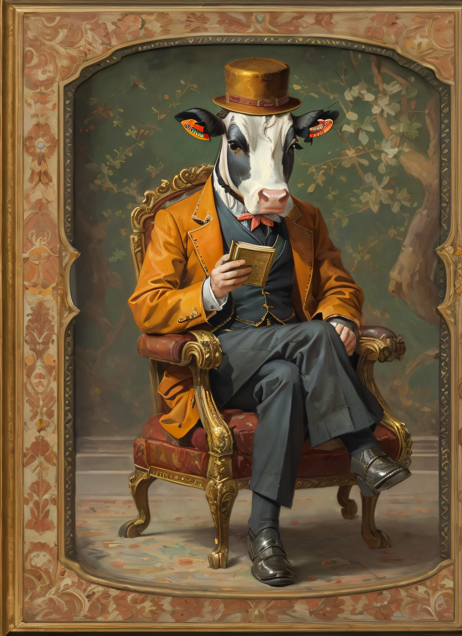 Three-quarters side,A cow dressed in a gentleman's filigree patterned costume, wearing noble clothes,Sit in a gorgeous chair,rcasual,looking at book,Voith, painted in high resolution, Inspired by Albert Kuyp, Inspired by Nicolas Eliasson Pikenoi, inspired by Nicolaes Maes, sportrait, author:Tadeusz Pruszkówski, Inspired by Ferdinand Bohr's bullhead,The hand is a cow's hooves