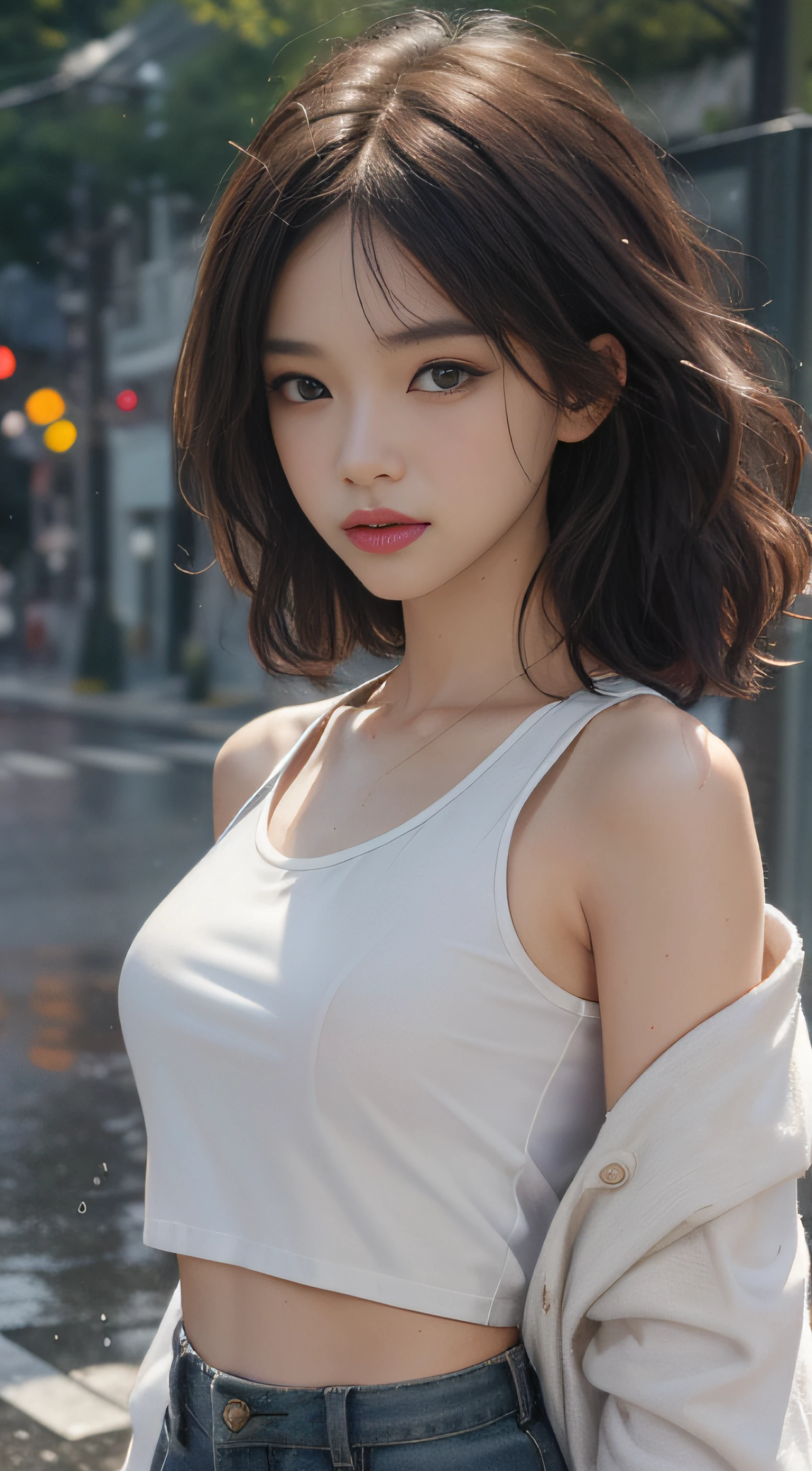 ((Best quality, 8k, Masterpiece :1.3)), Sharp focus :1.2, perfect figure beautiful woman:1.4, Slim abs:1.2, ((Layered Hair Style,)), (Tank top shirt:1.1 ), (the street:1.2), Highly detailed facial and skin texture, A detailed eye, 二重まぶた,（torn laundry：1.5）， （wetclothes：1.4）， exposed bare shoulders， Real rain， Wet hair,（Magazine cover style illustration of a vibrant, stylish woman dressed）