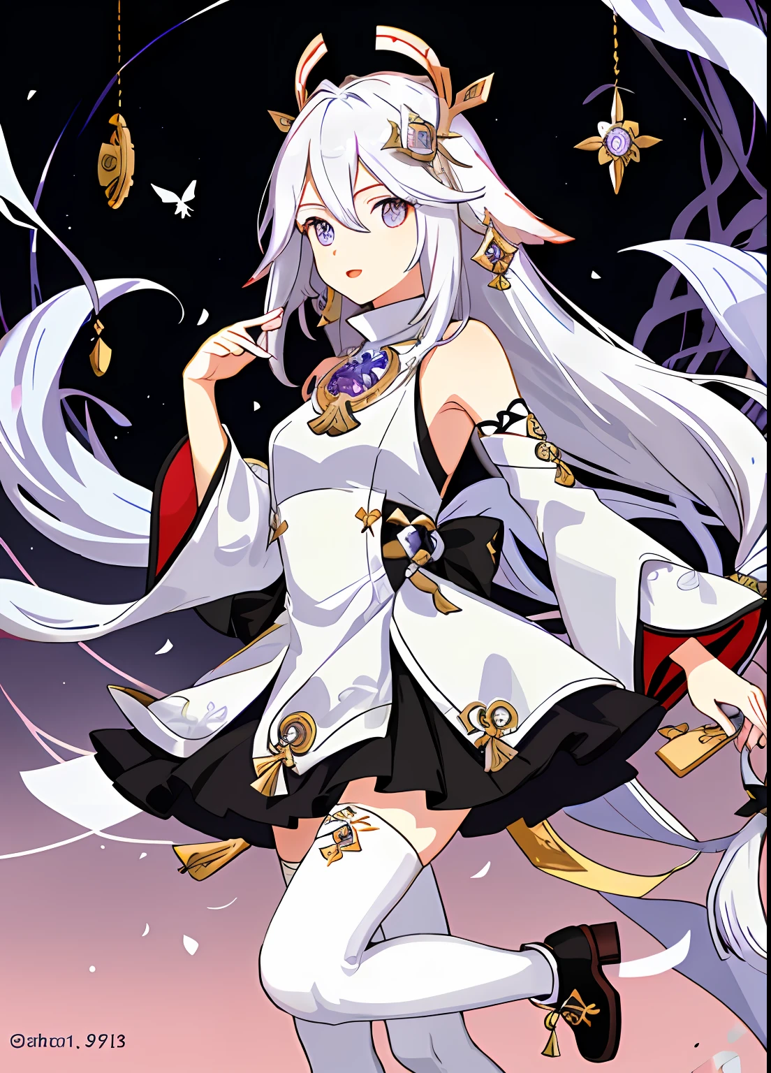 face portrait Paimon;(best quality), stunning, (high resolution) and (ultra-detailed) drawing, beautiful color scheme, absurdres, artist logo, black eyes, boots, bright pupils, diamond hair ornament, dress, fairy, genshin impact, grey background, halo, highres, mechanical halo, medium hair, nyu-tan94, open mouth, paimon (genshin impact), single thighhigh, solo, starry sky print, thighhighs, twitter username, white dress, white footwear, white hair, white pupils, white thighhighs">