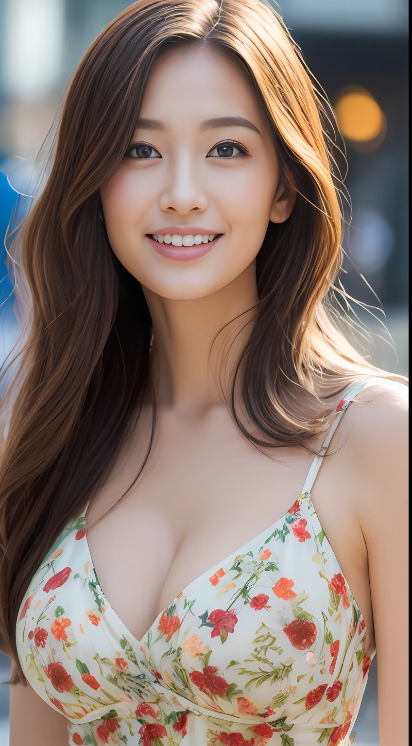 ((top-quality、8K、masterpiece:1.3))、sharp:1.2、Perfect Body Beauty:1.4、Slim abs:1.2、((Colossal tits:1.2))、(Floral dress:1.1)、(Street:1.2)、Wetty:1.5、Beautiful face、Wavy Hair、Highly detailed facial and skin texture、A detailed eye、二重まぶた、Aspect of looking at the camera、A smile