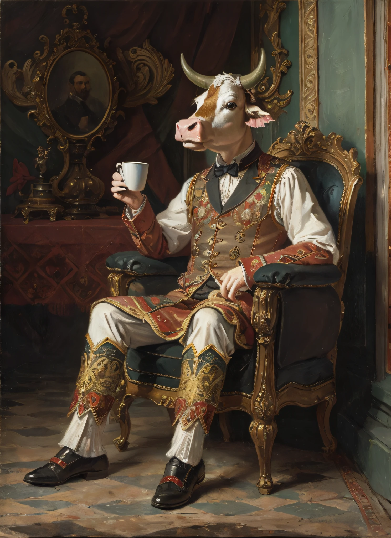 Three-quarters side,A cow dressed in a gentleman's filigree patterned costume, wearing noble clothes,Sit in a gorgeous chair,rcasual,coffee mug,drinking a coffee,Voith, painted in high resolution, Inspired by Albert Kuyp, Inspired by Nicolas Eliasson Pikenoi, inspired by Nicolaes Maes, sportrait, author:Tadeusz Pruszkówski, Inspired by Ferdinand Bohr's bullhead,The hand is a cow's hooves