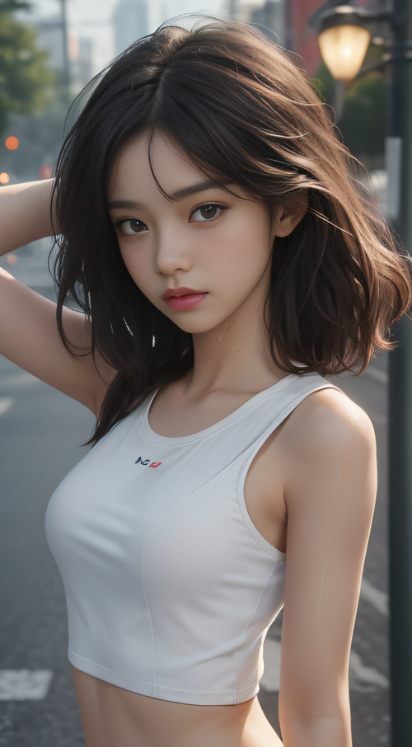 ((Best quality, 8k, Masterpiece :1.3)), Sharp focus :1.2, perfect figure beautiful woman:1.4, Slim abs:1.2, ((Layered Hair Style,)), (Tank top shirt:1.1 ), (the street:1.2), Highly detailed facial and skin texture, A detailed eye, 二重まぶた,（torn laundry：1.5）， （wetclothes：1.4）， exposed bare shoulders， Real rain， Wet hair,..