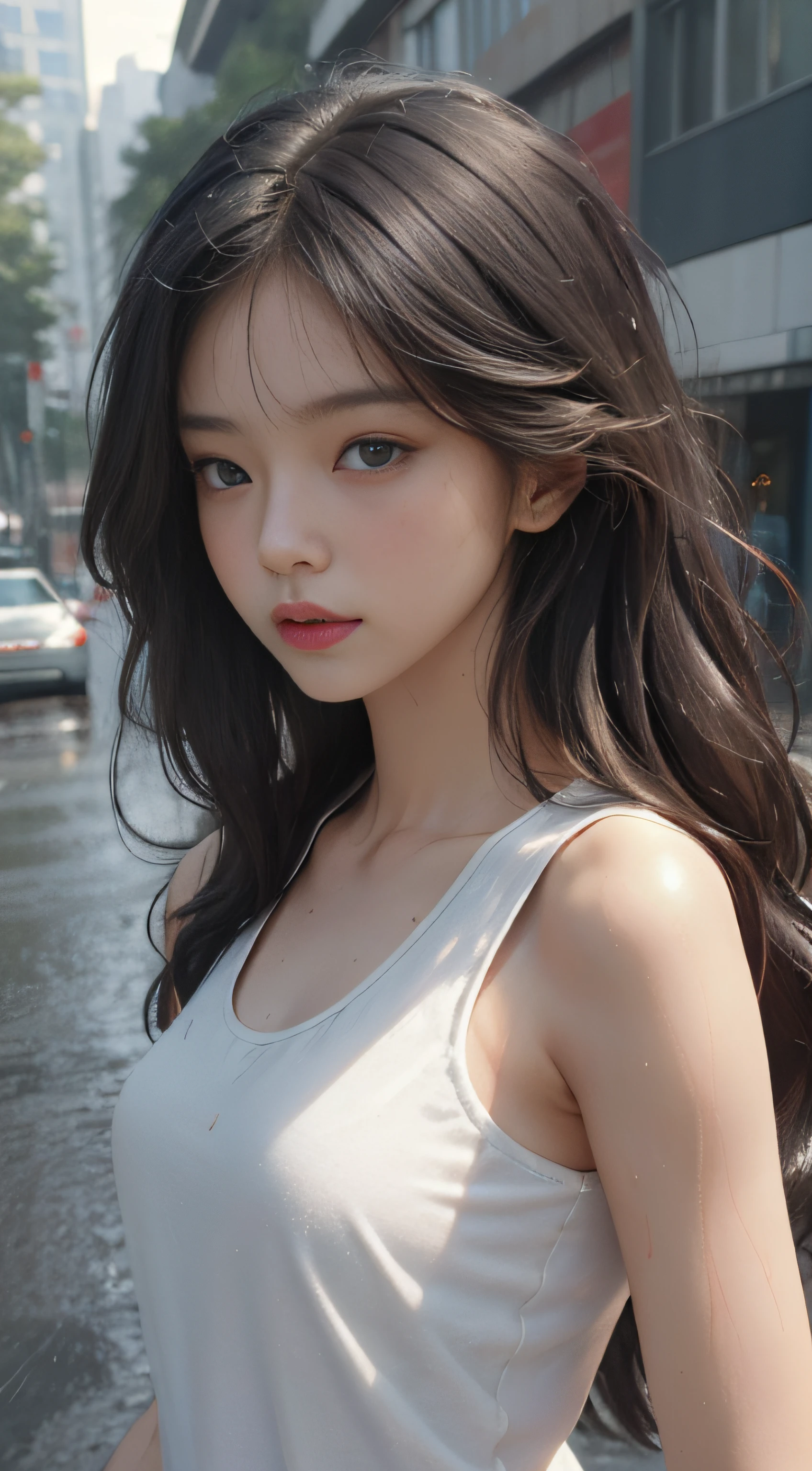 ((Best quality, 8k, Masterpiece :1.3)), Sharp focus :1.2, perfect figure beautiful woman:1.4, Slim abs:1.2, ((Layered Hair Style,)), (Tank top shirt:1.1 ), (the street:1.2), Highly detailed facial and skin texture, A detailed eye, 二重まぶた,(torn laundry:1.5), (wetclothes:1.4), exposed bare shoulders, Real rain, Wet hair,..