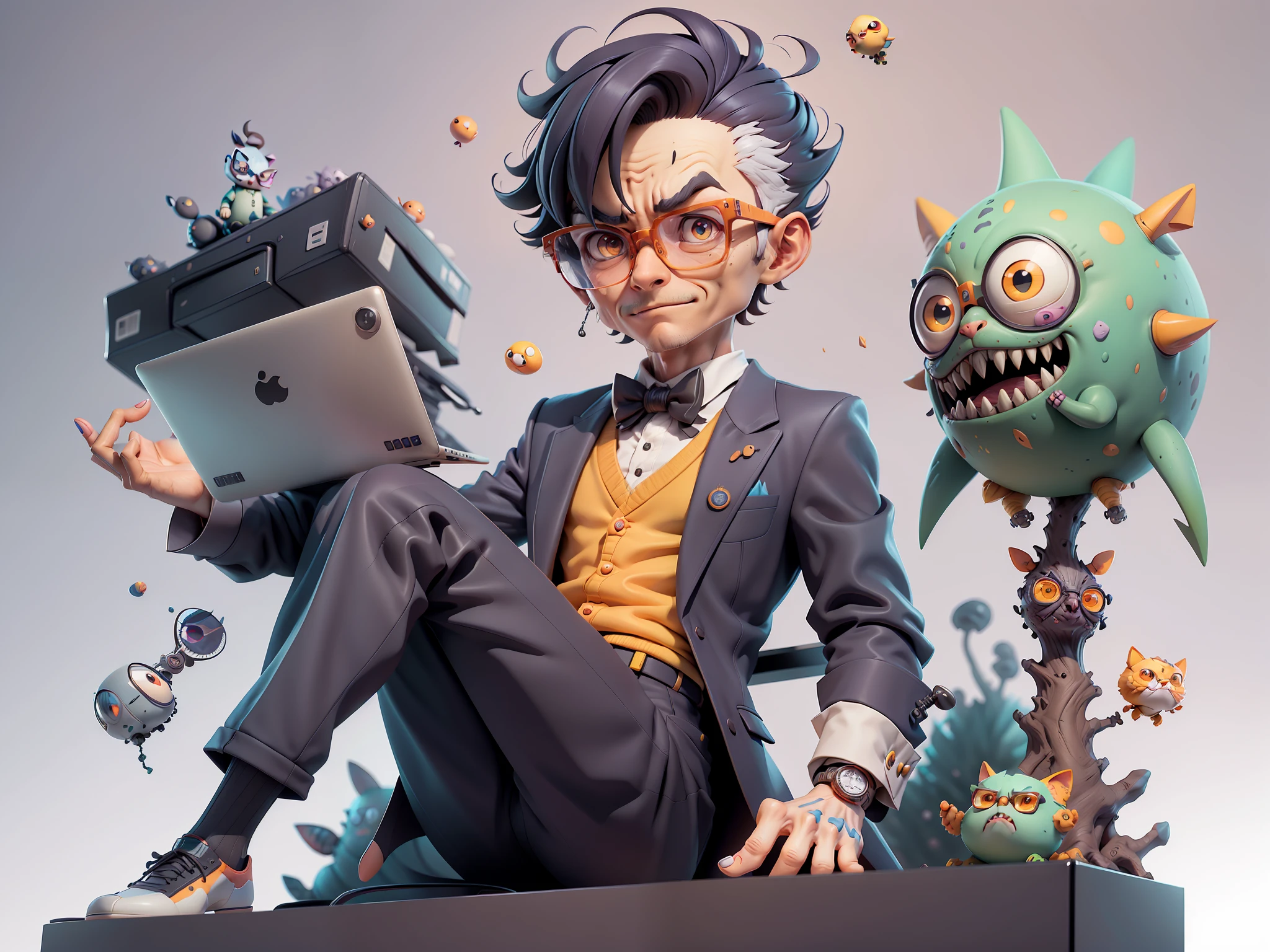 A young man in a suit, Short hair and glasses sat at his desk,holding laptop,digitial painting,tigre,3D character design by Mark Clairen and Pixar and Hayao Miyazaki and Akira Toriyama,4K HD illustration,Very detailed facial features and cartoon-style visuals。