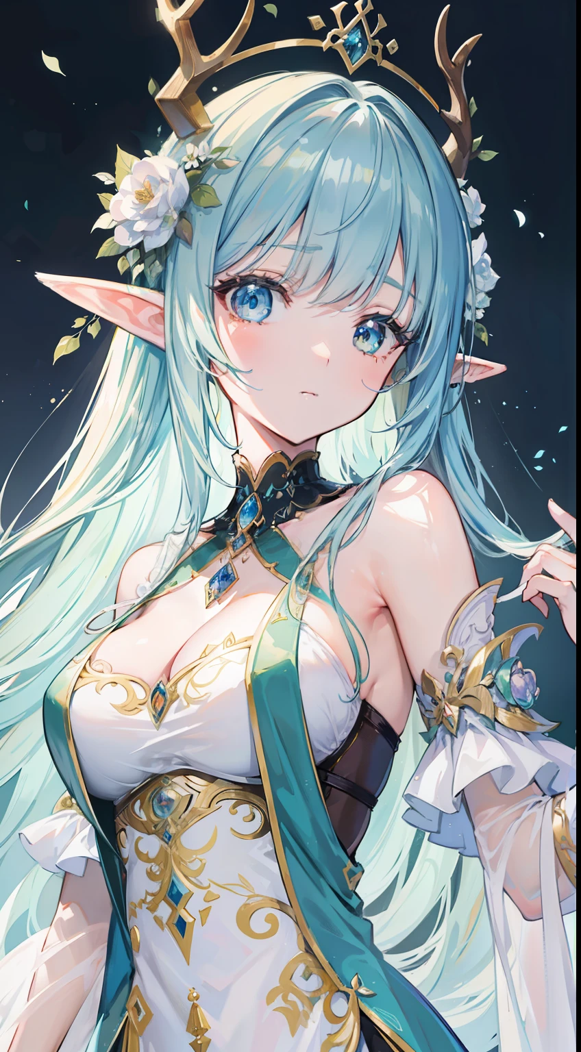high high quality,tmasterpiece,Delicate facial features,Delicate hair,Delicate eyes,Delicate hair,animemanga girl,deer antlers,Black color hair,florals, Dreamy style, Fantastic flower garden,fantasy style clothing,Romantic dress, beautiful and elegant elf queen, a beautiful fantasy empress, Fantasy art style, ((a beautiful fantasy empress)), Anime fantasy illustration, high priestess, fey queen of the summer forest, anime art nouveau, goddess of the forest, portrait of an elf queen, A beautiful artwork illustration,8K high quality detailed art(Delicate facial portrayal)(Fine hair depiction)(highest quality)(Master masterpieces)(High degree of completion)(a sense of atmosphere)8k wallpaper,tmasterpiece,Best quality at best,ultra - detailed