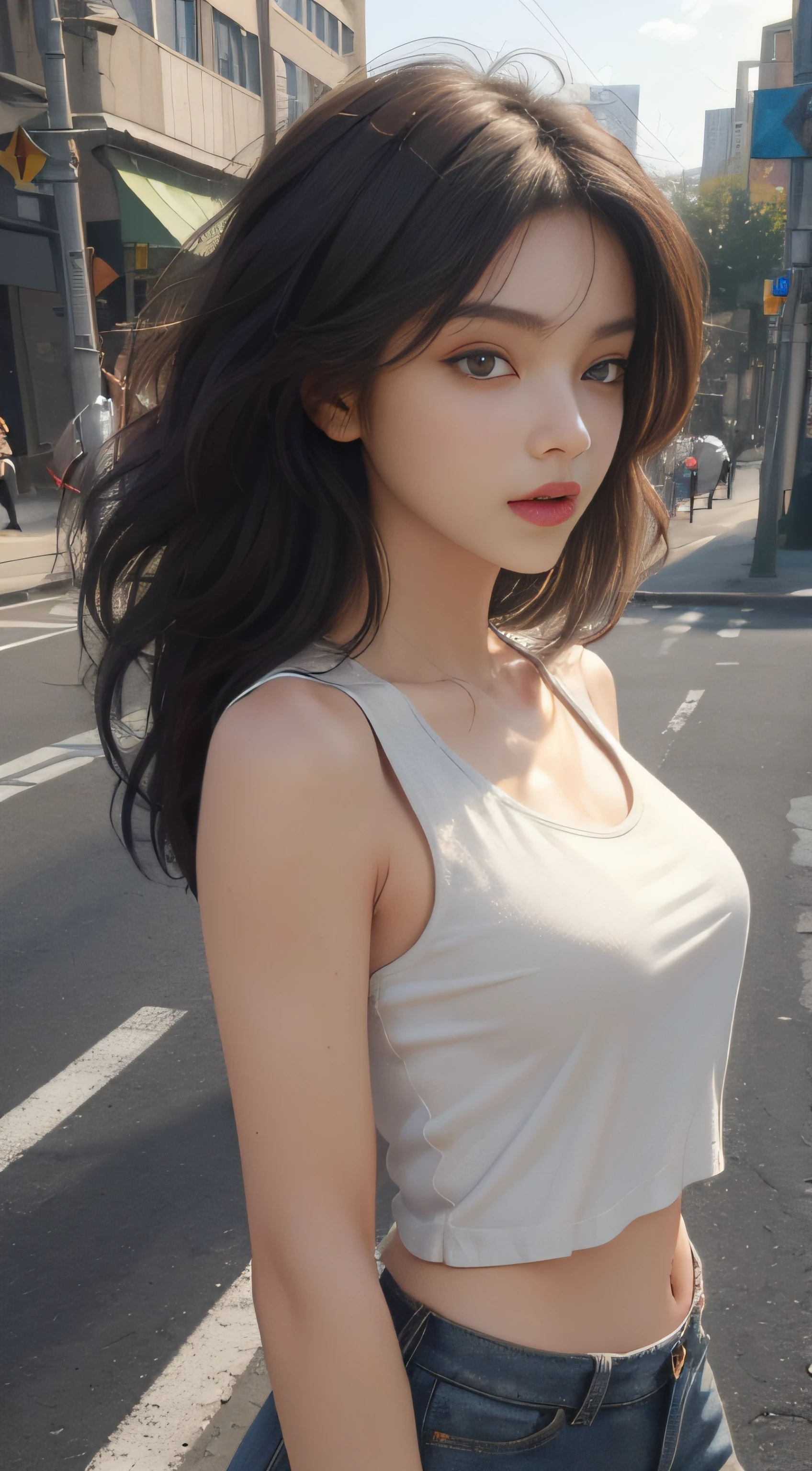 ((Best quality, 8k, Masterpiece :1.3)), Sharp focus :1.2, perfect figure beautiful woman:1.4, Slim abs:1.2, ((Layered Hair Style,)), (Tank top shirt:1.1 ), (the street:1.2), Highly detailed facial and skin texture, A detailed eye, 二重まぶた