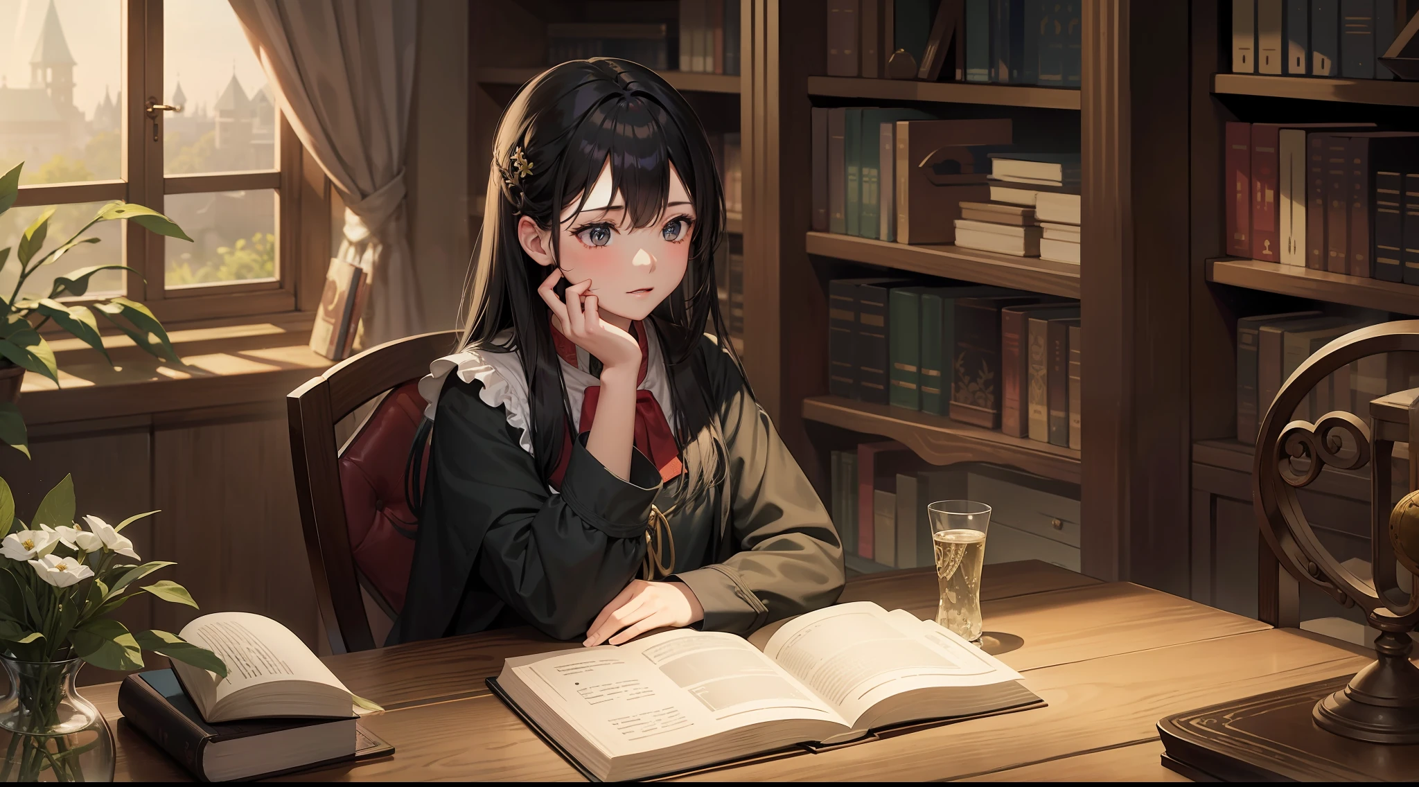 Grimm's fairy tales,Fairy tale picture book,Neatly arranged tables,Early in the morning,Bright sight,Senior sister with long black hair(Holding a book in his hand),solo,On the table was a large photograph(Drawing libraries,The library was overcrowded,be booked up),A coat hangs from the chair,On the table were water glasses and flower dew,Immerse yourself in reading。