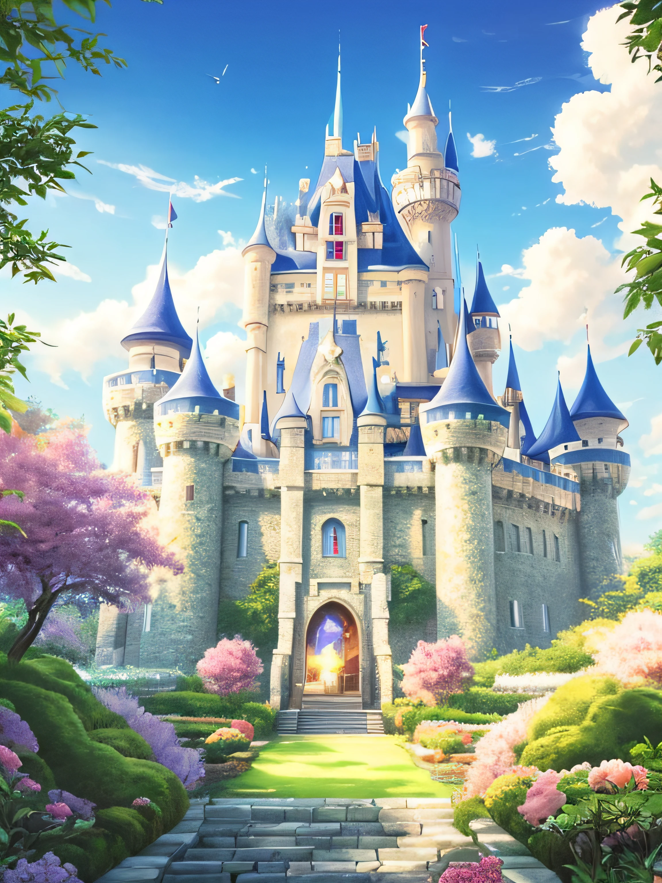 Anime - style castle,There is a path leading to it and a garden, fairy tale style background, palace background, beautiful render of a fairytale, Fantasy castle, ross tran. scenery background, Magical castle, flying cloud castle, palace floating in heaven, beautiful detailed fantasy, Beautiful castle, Castle background, beautiful fantasy anime, castle scene manga, high fantasy castle, light kingdom backdrop