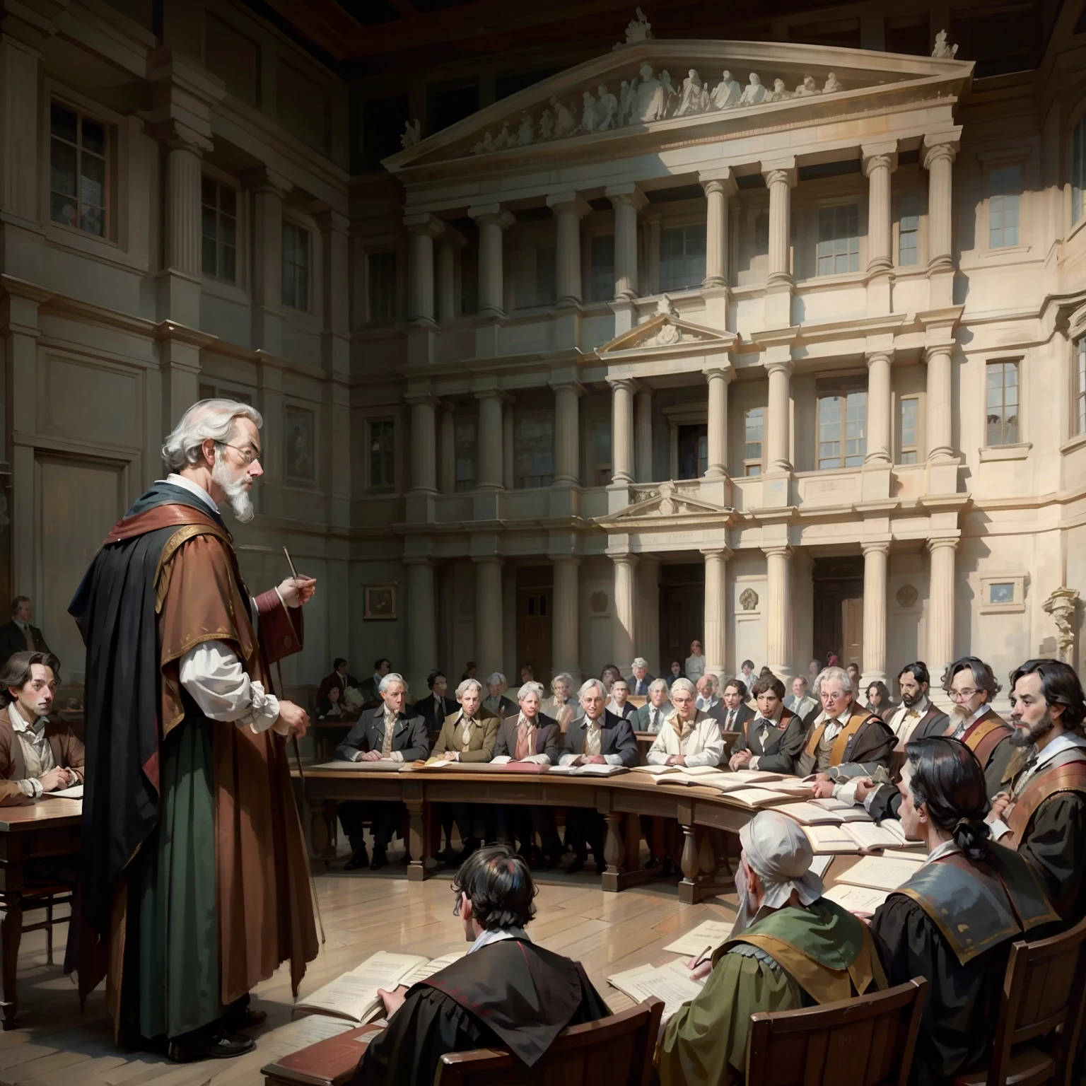 Draw a historical scene of a famous university in the eighteenth century, where a distinguished Enlightenment philosopher gives a lecture to students and academics, Influencing future generations of thinkers.