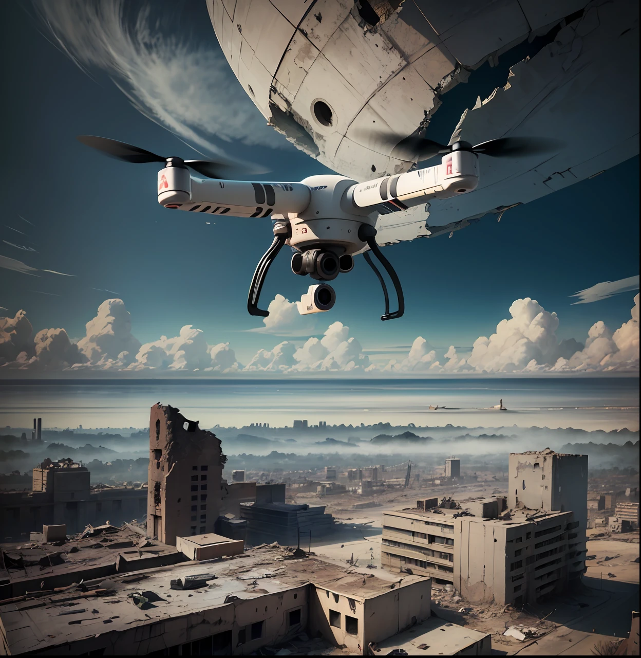 full shot, military round flying reconnaissance drone in the style of the game half life flies through the ruins of the city in search of survivors, post-apocalyptic atmosphere, dramatic light, dark key, hdr, high detail, clear focus, 8k, hyper photorealism, joe bussenik style --auto --s2