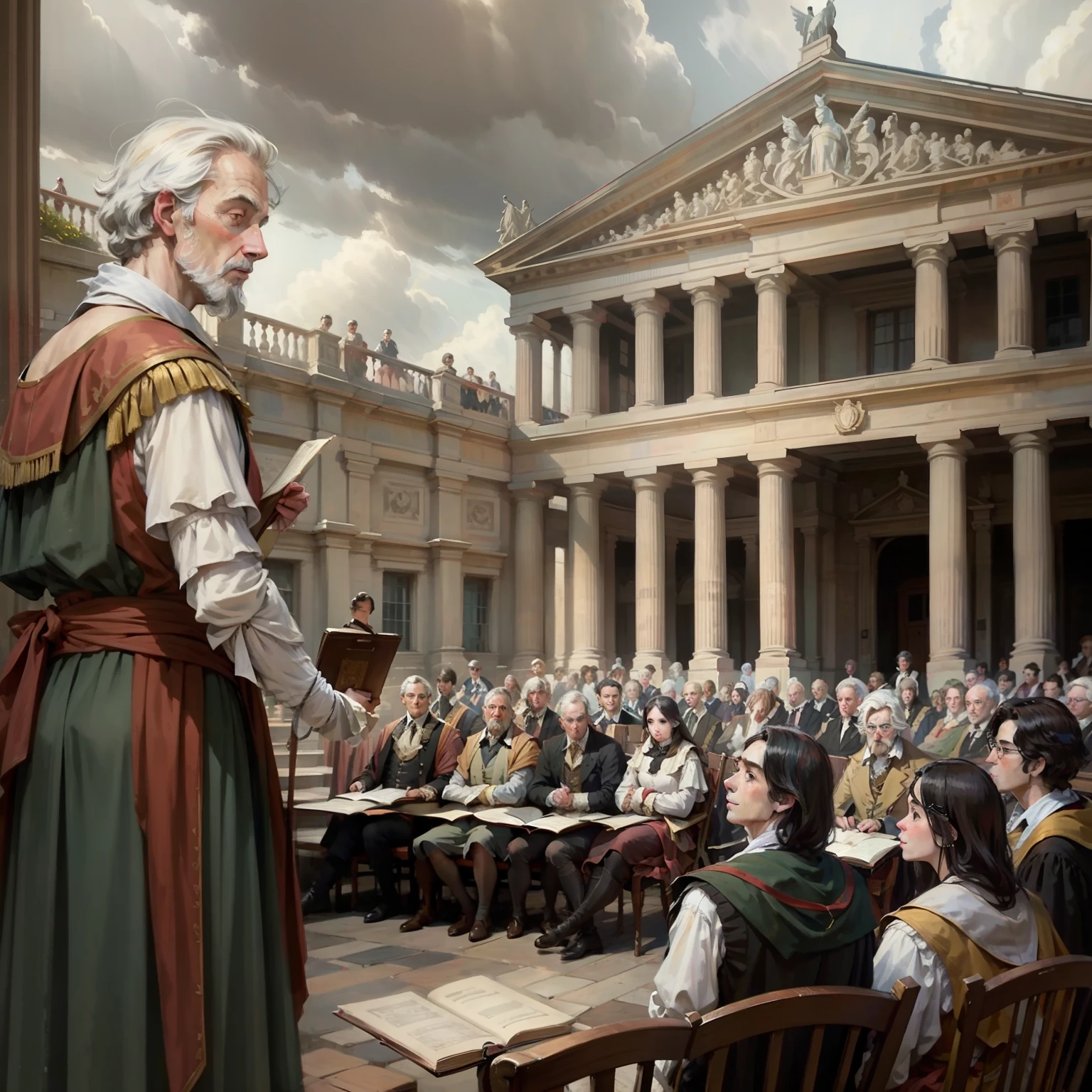 Draw a historical scene of a famous university in the eighteenth century, where a distinguished Enlightenment philosopher gives a lecture to students and academics, Influencing future generations of thinkers.