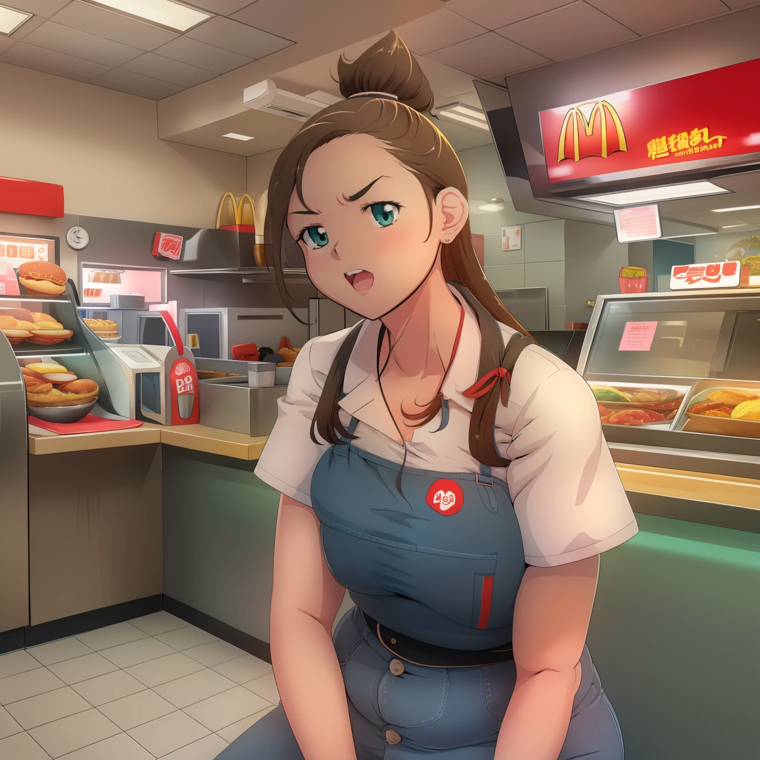 Overnight high school girl working at a fast food restaurant, wearing an ill fitting work uniform that is too small, chubby bloated belly, button gap, embarrassed that her clothes are too tight, mcdonalds background, blushing face, large eyebrows, no makeup, brown ponytail hair with colored highlights, bursting breasts