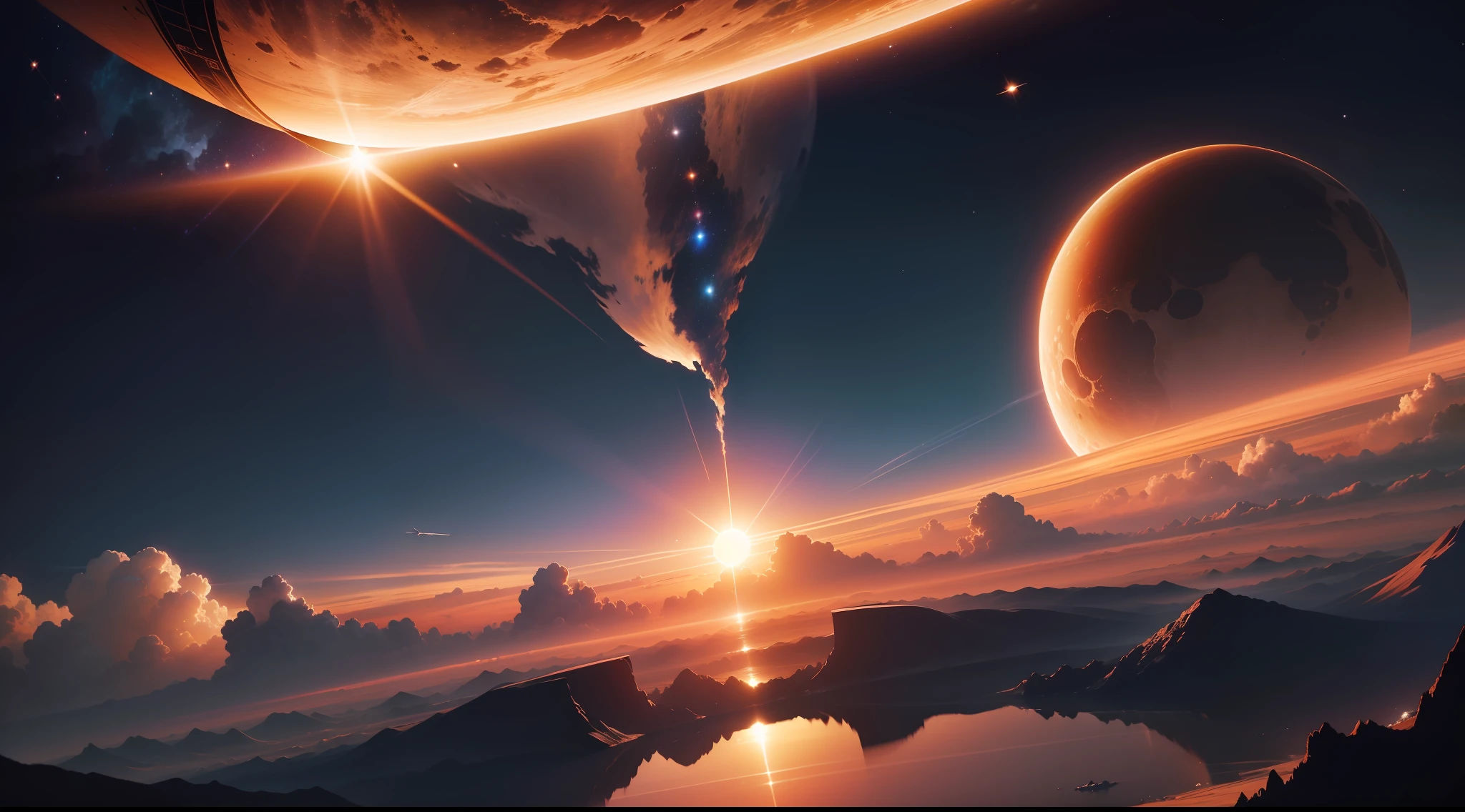 The sun rises from the shadow of the Earth in outer space、zori、Fantastic、Ethereal、Fantastic、Ethereal、Photorealism Based Details Widget 1.3, Ultra-detailed depiction、Cinematic shots with HDR effect、Vignette and center screen、Generate in automatic mode