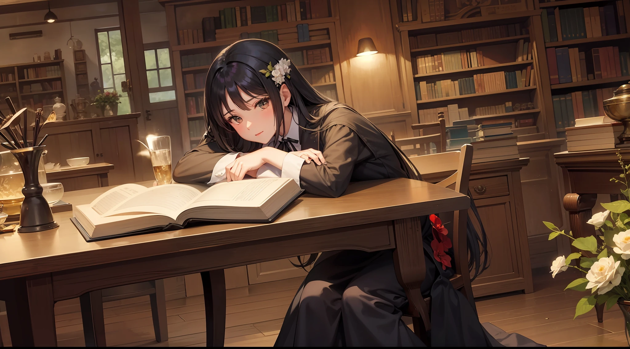 Grimm's fairy tales，Fairy tale picture book，Neatly arranged tables，Early in the morning，Bright sight，Senior sister with long black hair（Holding a book in his hand），solo，On the table was a large photograph（Drawing libraries，The library was overcrowded，be booked up），A coat hangs from the chair，On the table were water glasses and flower dew，Immerse yourself in reading。
