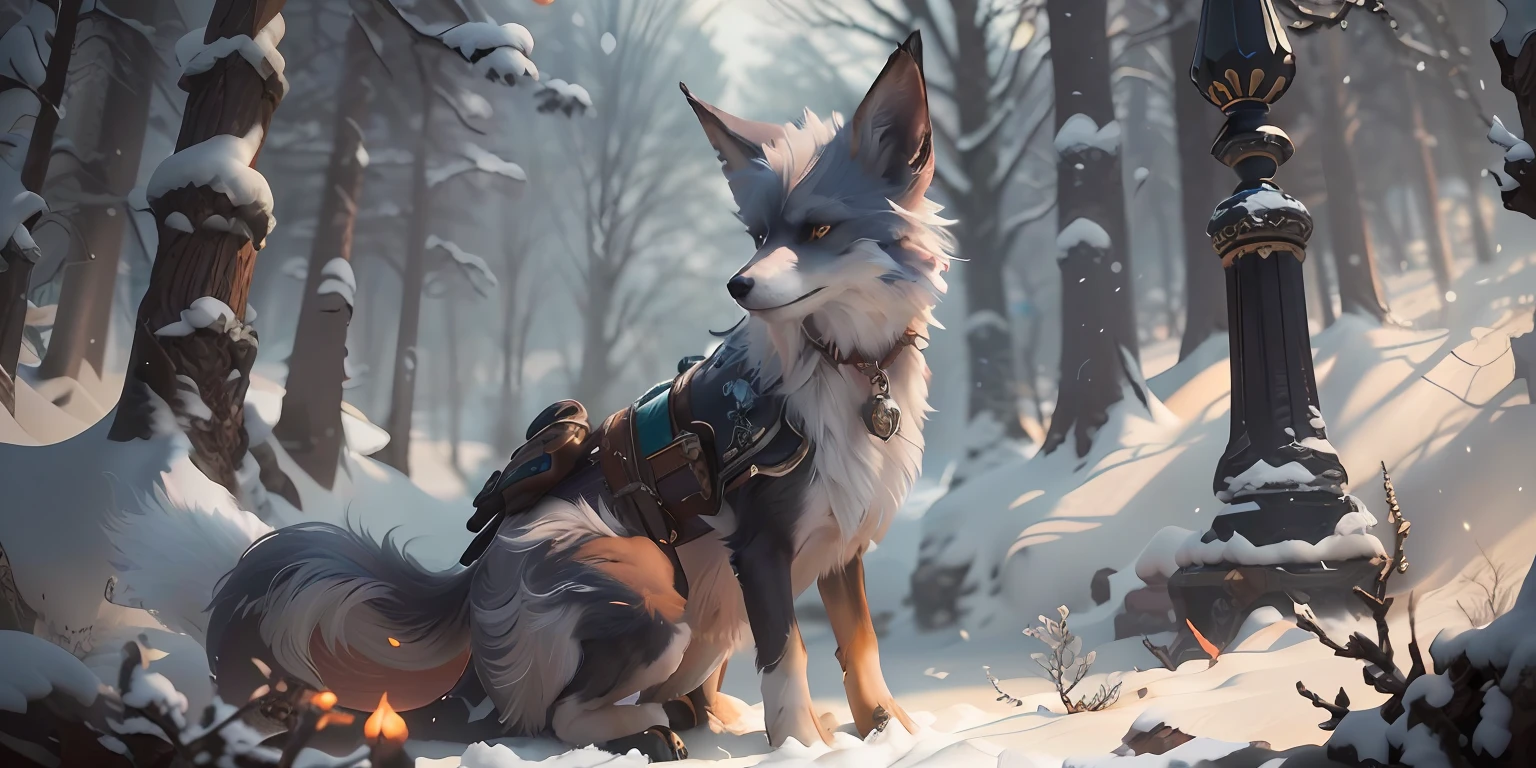 There is a dog sitting in the snow, furry fantasy art, Artstation contest winner, very very beautiful furry art, trending on artstationh:3, 8K high quality detailed art, Detailed digital 2D fantasy art, ethereal fox, trending on artstation 4k, art of silverfox, trending on artstation hq, trending on artstationh