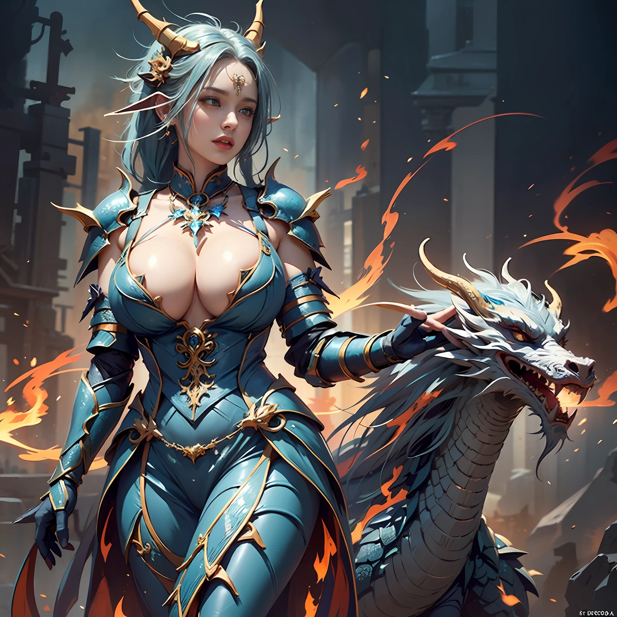 1 female knight wears elaborate armor made of dragon scales with fire effects，There was a young dragon standing beside him，（huge tit，Oversized tits，Exaggerated breasts），long leges，Exquisite gorgeous jewelry，unreal engine rendered，ultraclear，复杂，extreme hight detail，Hair color random，Hairstyle Random，8K，Cinematic lighting