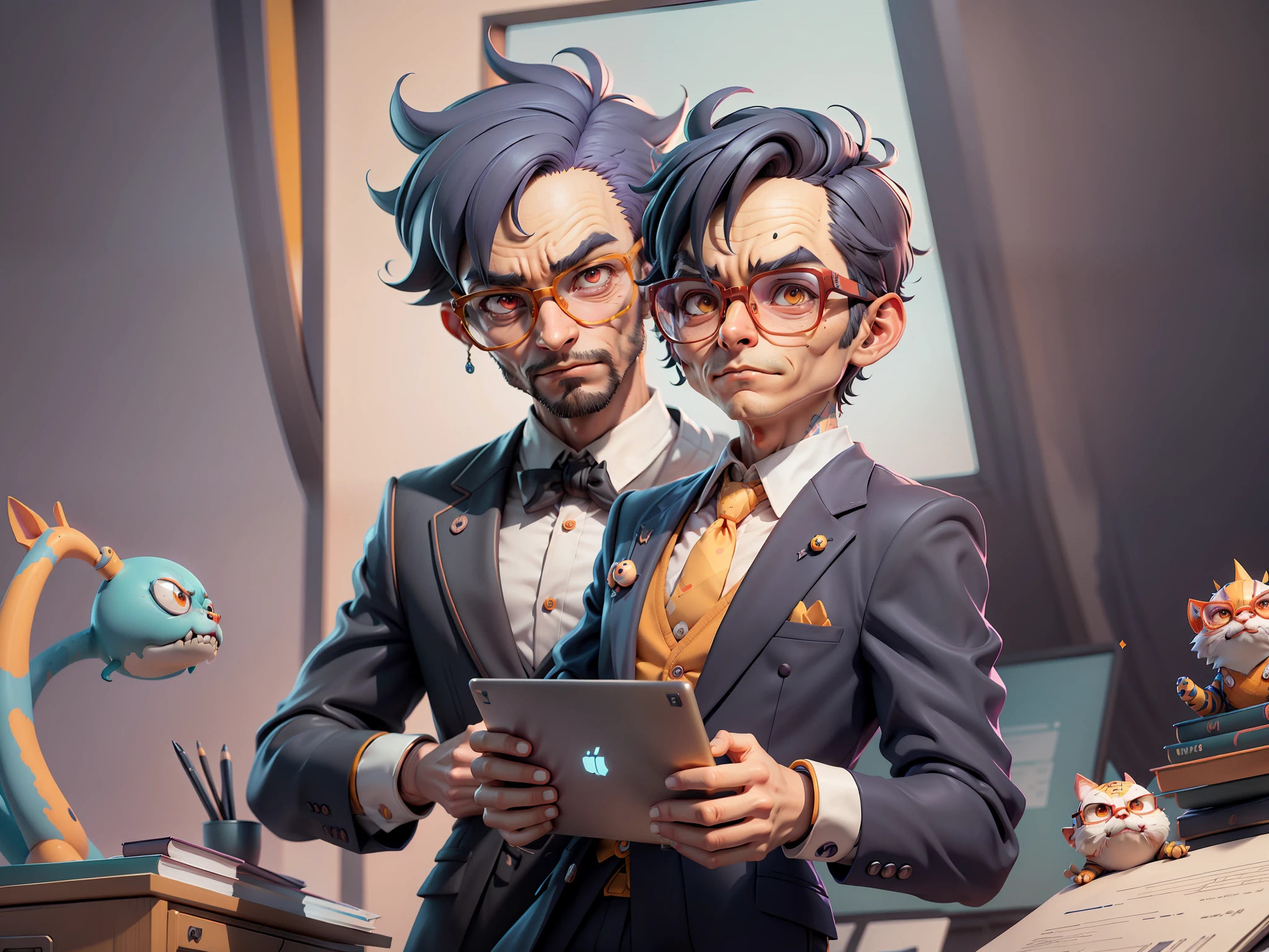 A young man in a suit, Short hair and glasses sat at his desk,holding laptop,digitial painting,tigre,3D character design by Mark Clairen and Pixar and Hayao Miyazaki and Akira Toriyama,4K HD illustration,Very detailed facial features and cartoon-style visuals。
