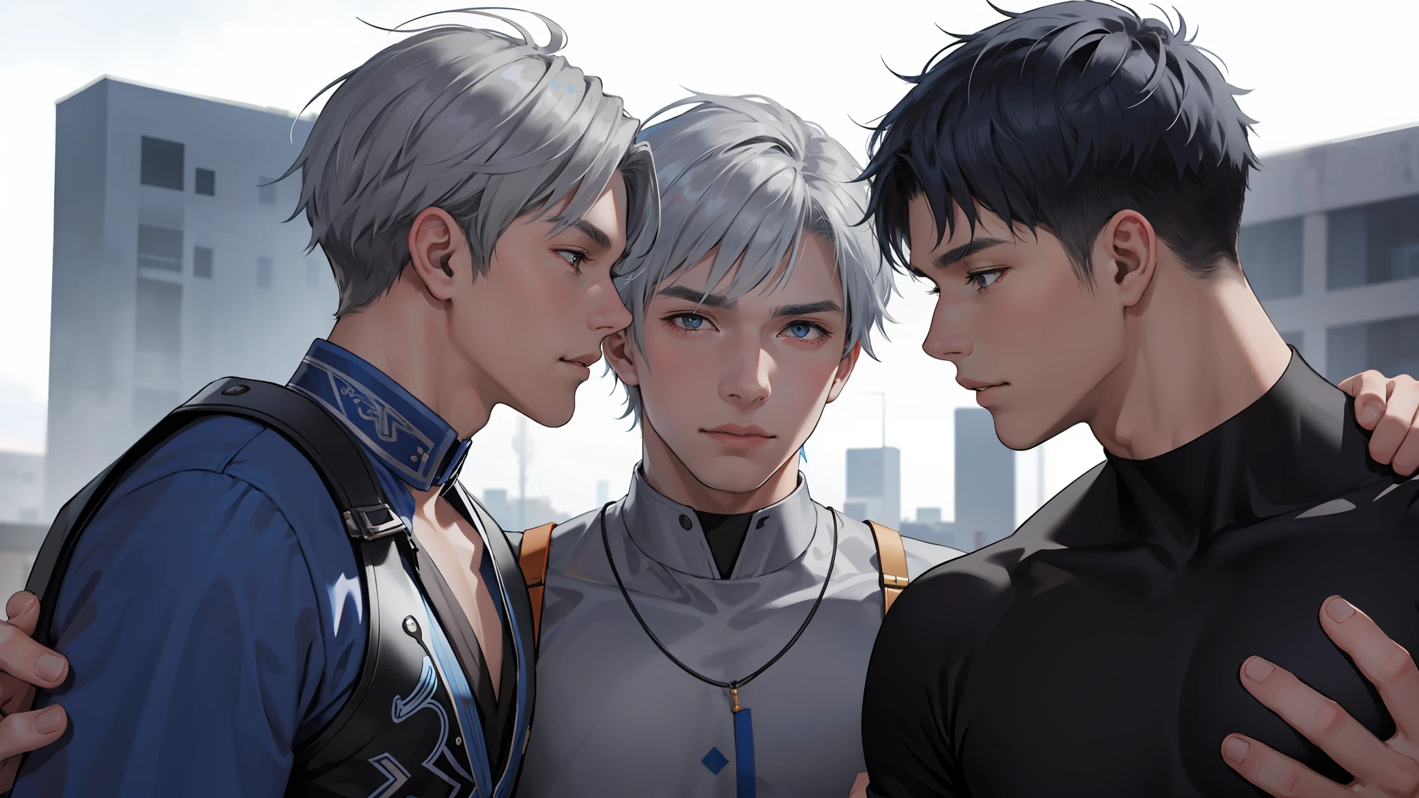 In the background is a silver city Two 15-year-old teenage friends with blue hair, With Latin skin and light gray hair on the outskirts of a large silver city they are talking about an important topic they are friends almost like brothers.............