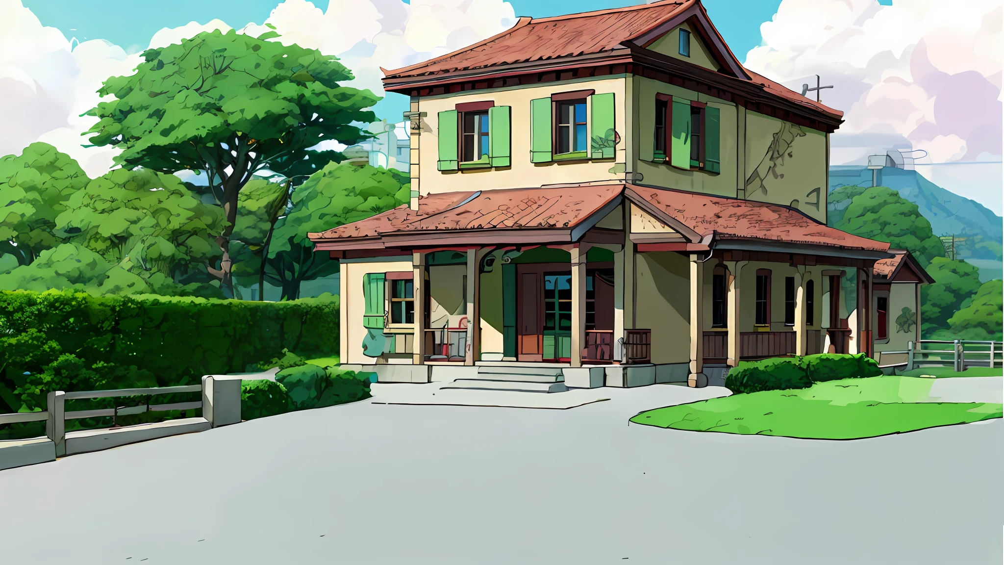 Anime style house，Red roof and green shutters, style of madhouse studio anime, fundo de casa, maison ikkoku, style of madhouse anime, Anime background art, drawn in anime painter studio, ghibli studio anime style, made with anime painter studio, style in ghibli anime style, one house, Stuido Ghibli, In Studio Ghibli style, In Studio Ghibli style