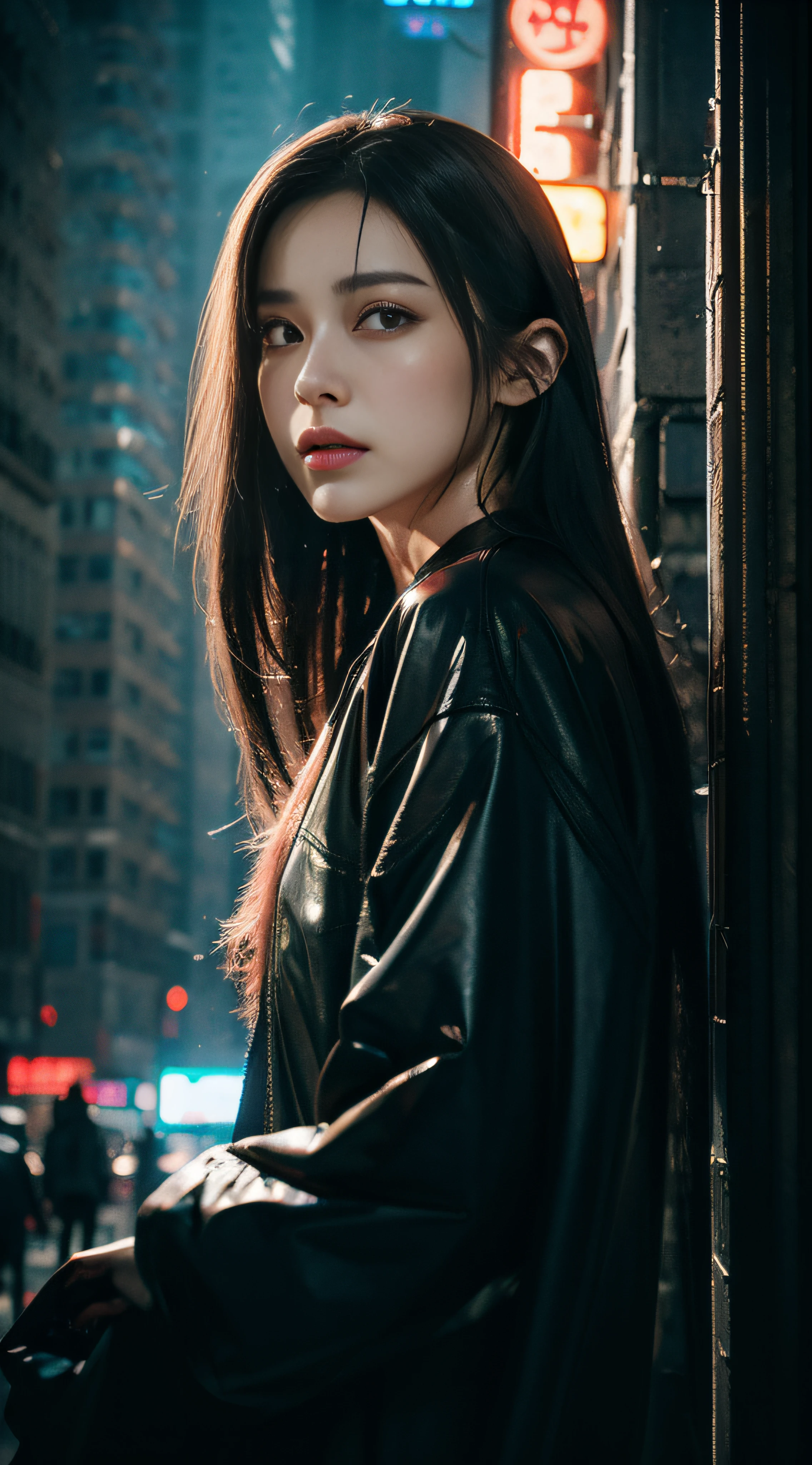 masterpiece、hightquality、Soio、beautiful model、Back lighting、beautiful hairl、A detailed eye、rain is falling、low angles、wide-angle lens、14mm lens、sigma、Depth of subject、8K High Resolution、细致背景、Dramatic scenes、wearing cyberpunk streetwear、Rain on neon sign street、Sitting on a bench、Beautiful 26 year old woman,、Blade Runners Air、full body Esbian、Cinematic. leng jun, Anime style mixed with Fujifilm, mid shot portrait, Short Sleeve Cyberpunk Streetwear, Inspired by Liam Wong, inspired by Kanō Naizen, cyberpunk vibe, cyberpunk photo, muted cyberpunk style, Medium shot portrait, hyper-realistic cyberpunk style, Drawing with enhanced hair details、A detailed face、more hair、Detailed nose、Detailed mouth、Detailed body、stares at the camera、Hair details