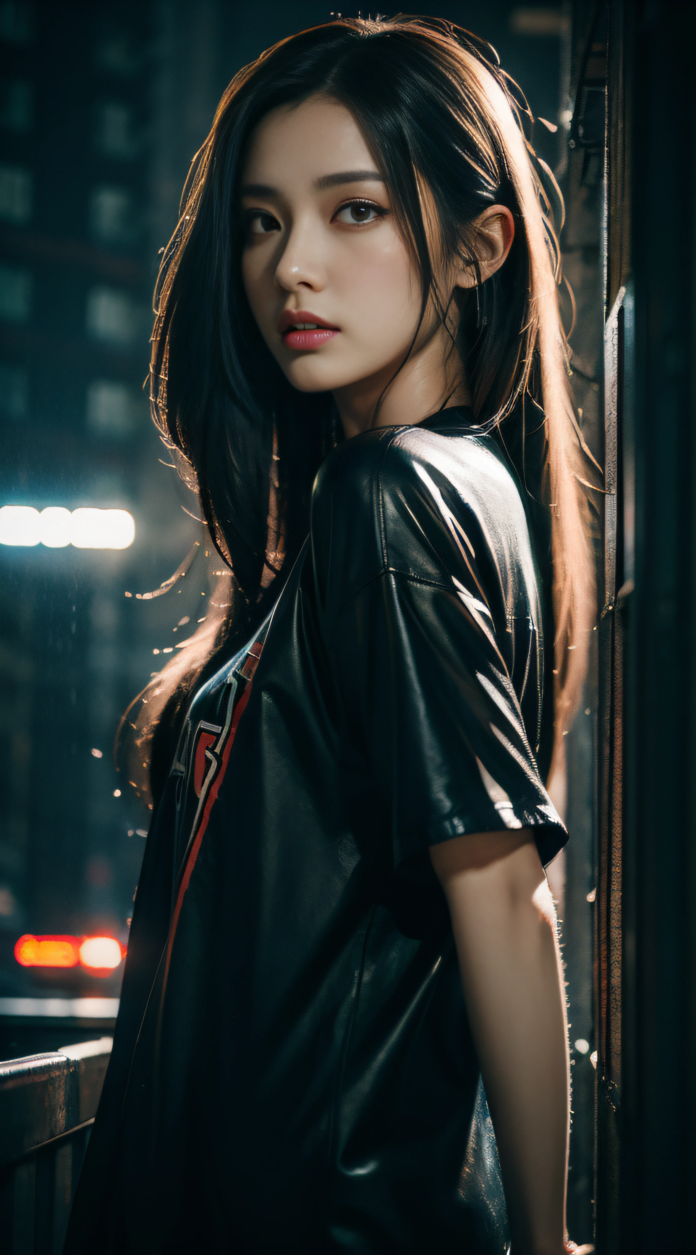 ​masterpiece、hightquality、Soio、beautiful model、Back lighting、beautiful hairl、A detailed eye、rain is falling、low angles、wide-angle lens、14mm lens、sigma、Depth of subject、8K High Resolution、细致背景、Dramatic scenes、wearing cyberpunk streetwear、Rain on neon sign street、Sitting on a bench、Beautiful 26 year old woman,、Blade Runners Air、full body Esbian、Cinematic. leng jun, Anime style mixed with Fujifilm, mid shot portrait, Short Sleeve Cyberpunk Streetwear, Inspired by Liam Wong, inspired by Kanō Naizen, cyberpunk vibe, cyberpunk photo, muted cyberpunk style, Medium shot portrait, hyper-realistic cyberpunk style, Drawing with enhanced hair details、A detailed face、more hair、Detailed nose、Detailed mouth、Detailed body、stares at the camera、Hair details