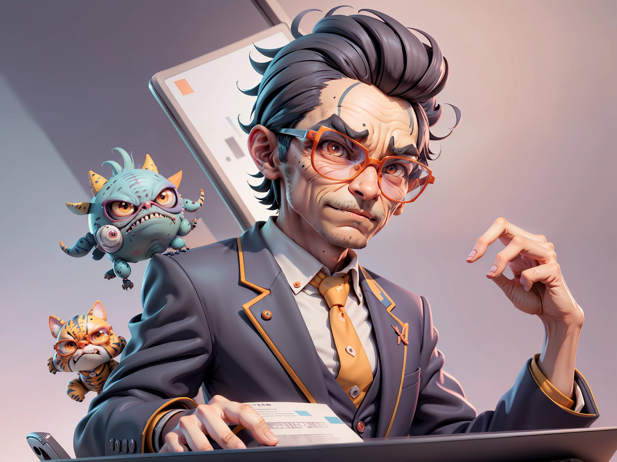 A young man in a suit, Short hair and glasses sat at his desk,holding laptop,digitial painting,tigre,3D character design by Mark Clairen and Pixar and Hayao Miyazaki and Akira Toriyama,4K HD illustration,Very detailed facial features and cartoon-style visuals。