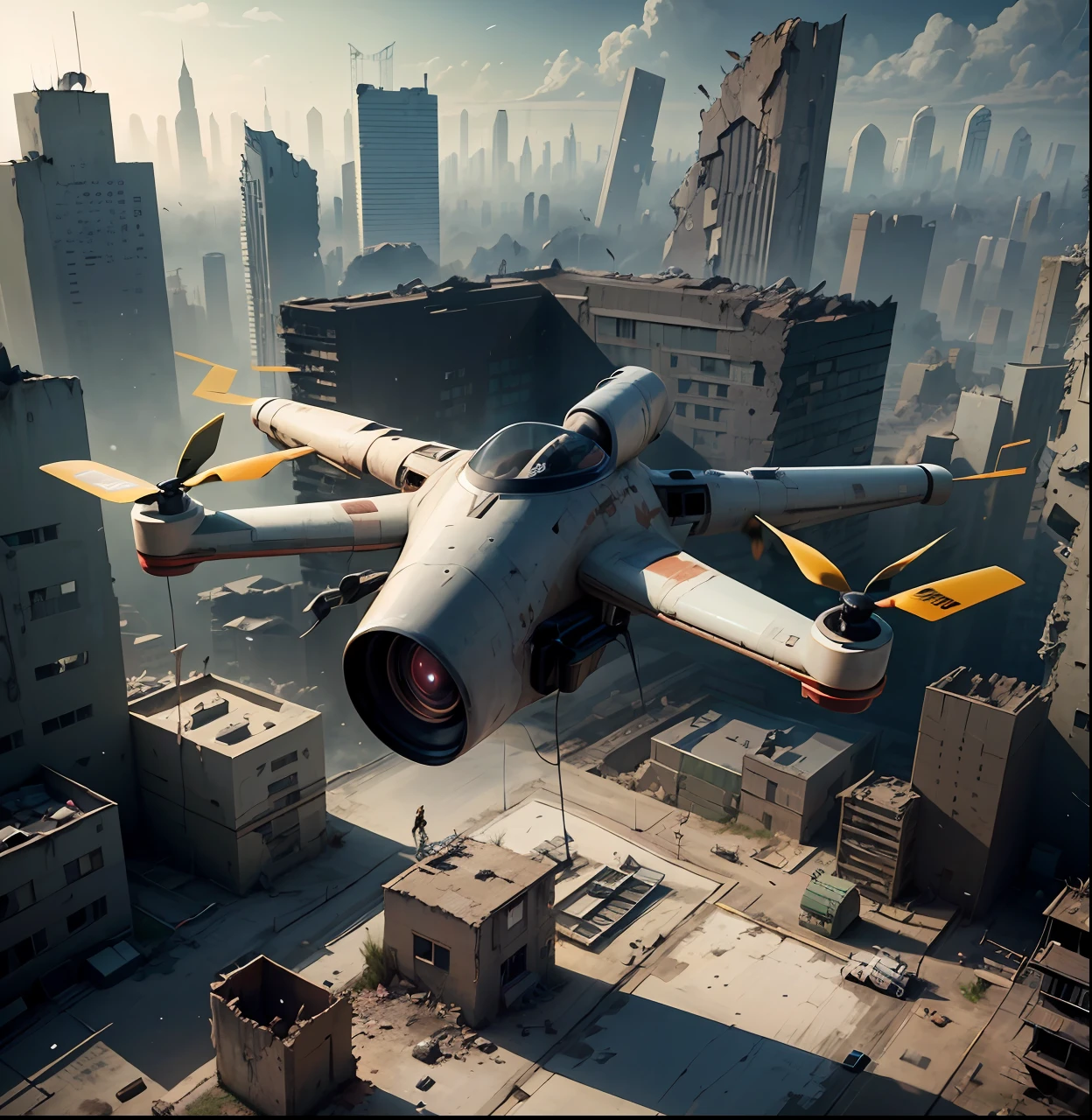 full shot, military round flying reconnaissance drone in the style of the game half life flies through the ruins of the city in search of survivors, post-apocalyptic atmosphere, dramatic light, dark key, hdr, high detail, clear focus, 8k, hyper photorealism, joe bussenik style --auto --s2