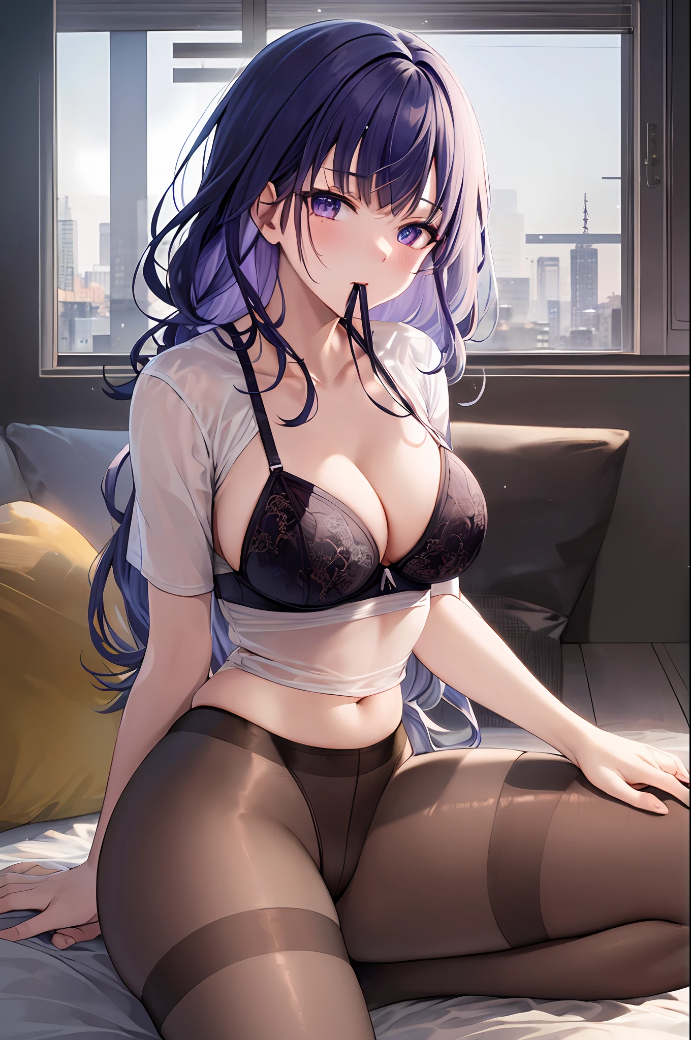 ((masterpiece, best quality)),8k,indoor ,1raiden shogun, mouth_hold,(white shirt:1.2) ,black bra, use pantyhose, ahegao