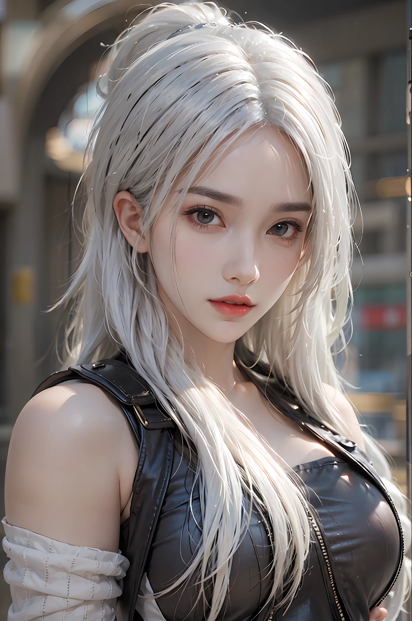 photorealistic, high resolution, 1 women, solo, hips up, look at viewer, (detailed face), white hair, long hair, cosplayer, tifa