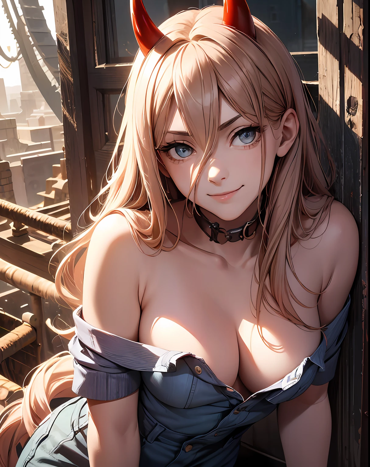 masterpiece, highly detailed, Best quality, ultra high res, 1girl,  horns, long hair, looking at viewer, medium breasts,  outdoor, power (chainsaw man), Strapless, smile, bent over,  day, off-the-shoulder, random shirt, cowboy shot,  partially_unbuttoned,