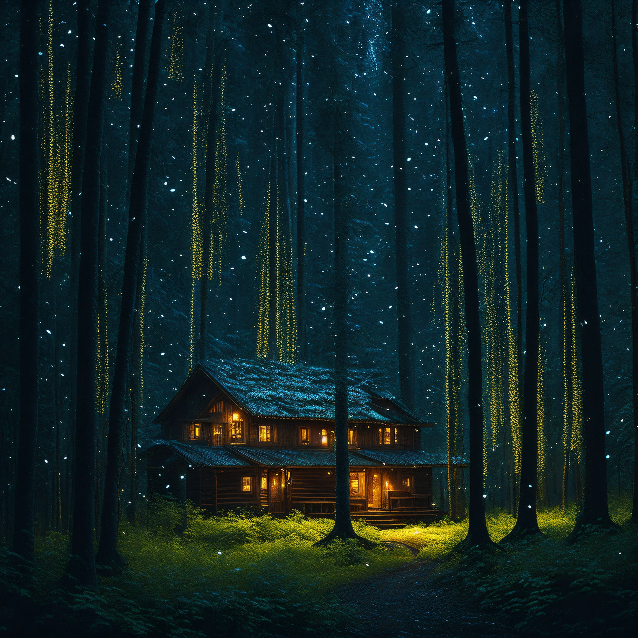 At night, in a secluded cabin nestled within a forest, fireflies dance among the trees.