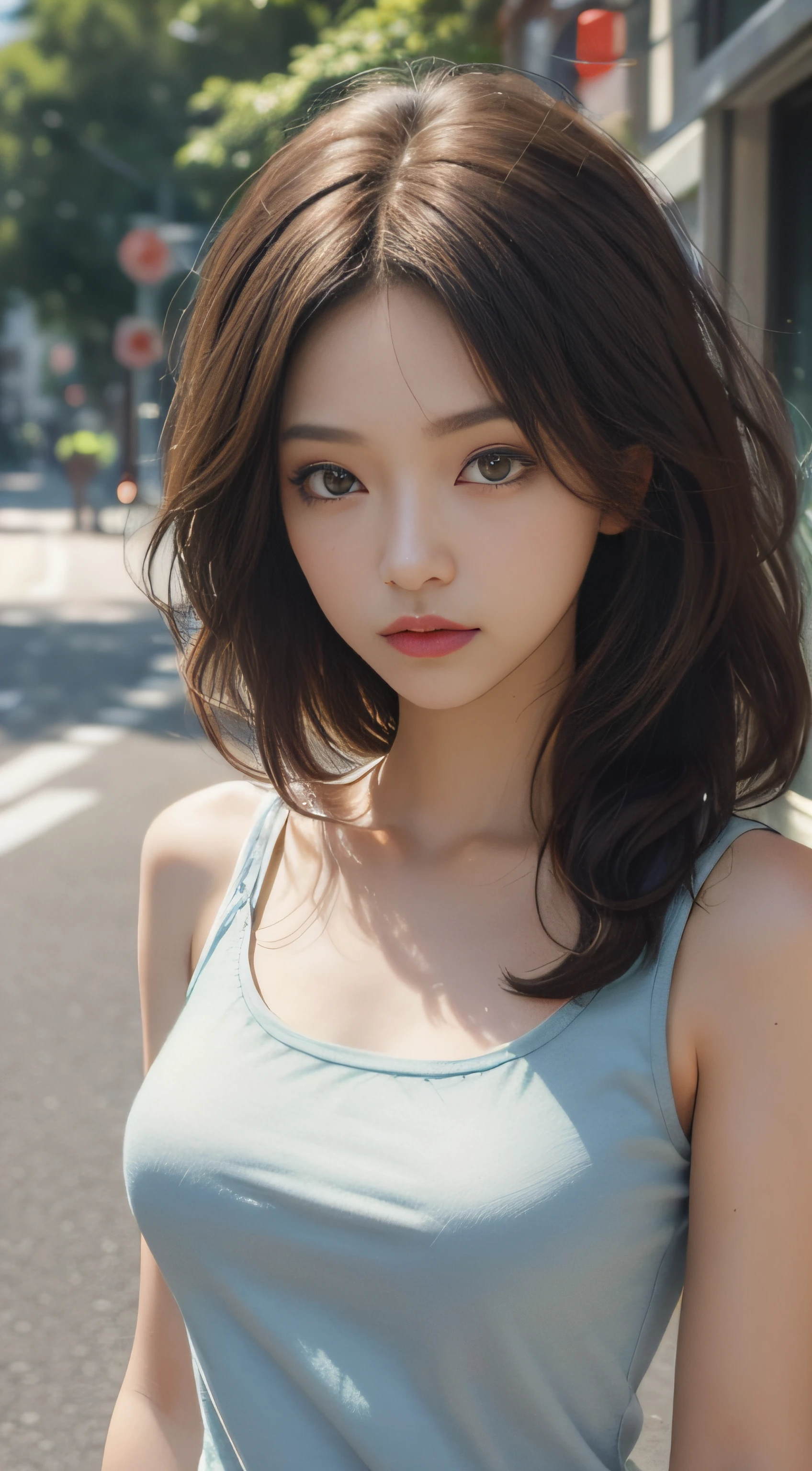 （Magazine cover style illustration of a vibrant, stylish woman dressed），((Best quality, 8k, Masterpiece :1.3)), Sharp focus :1.2, perfect figure beautiful woman:1.4, Slim abs:1.2, ((Layered Hair Style,)), (Tank top shirt:1.1 ), (the street:1.2), Highly detailed facial and skin texture, A detailed eye, 二重まぶた