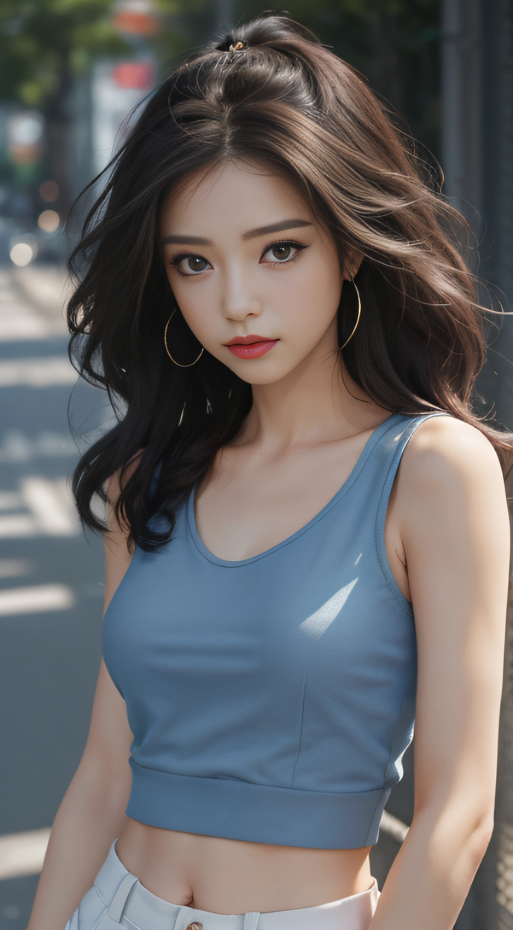 (Magazine cover style illustration of a vibrant, stylish woman dressed),((Best quality, 8k, Masterpiece :1.3)), Sharp focus :1.2, perfect figure beautiful woman:1.4, Slim abs:1.2, ((Layered Hair Style,)), (Tank top shirt:1.1 ), (the street:1.2), Highly detailed facial and skin texture, A detailed eye, 二重まぶた