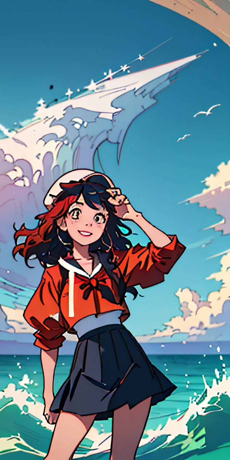 (Best quality at best,tmasterpiece),(Ultra-high resolution1.4)1girll,paw pose,ssmile,big laughter,the ocean,Short skirt,Blue long hair,With a hat,freckle,Be red in the face,looking at viewert,Wavy hair,clouds,spatter,wave,suns,