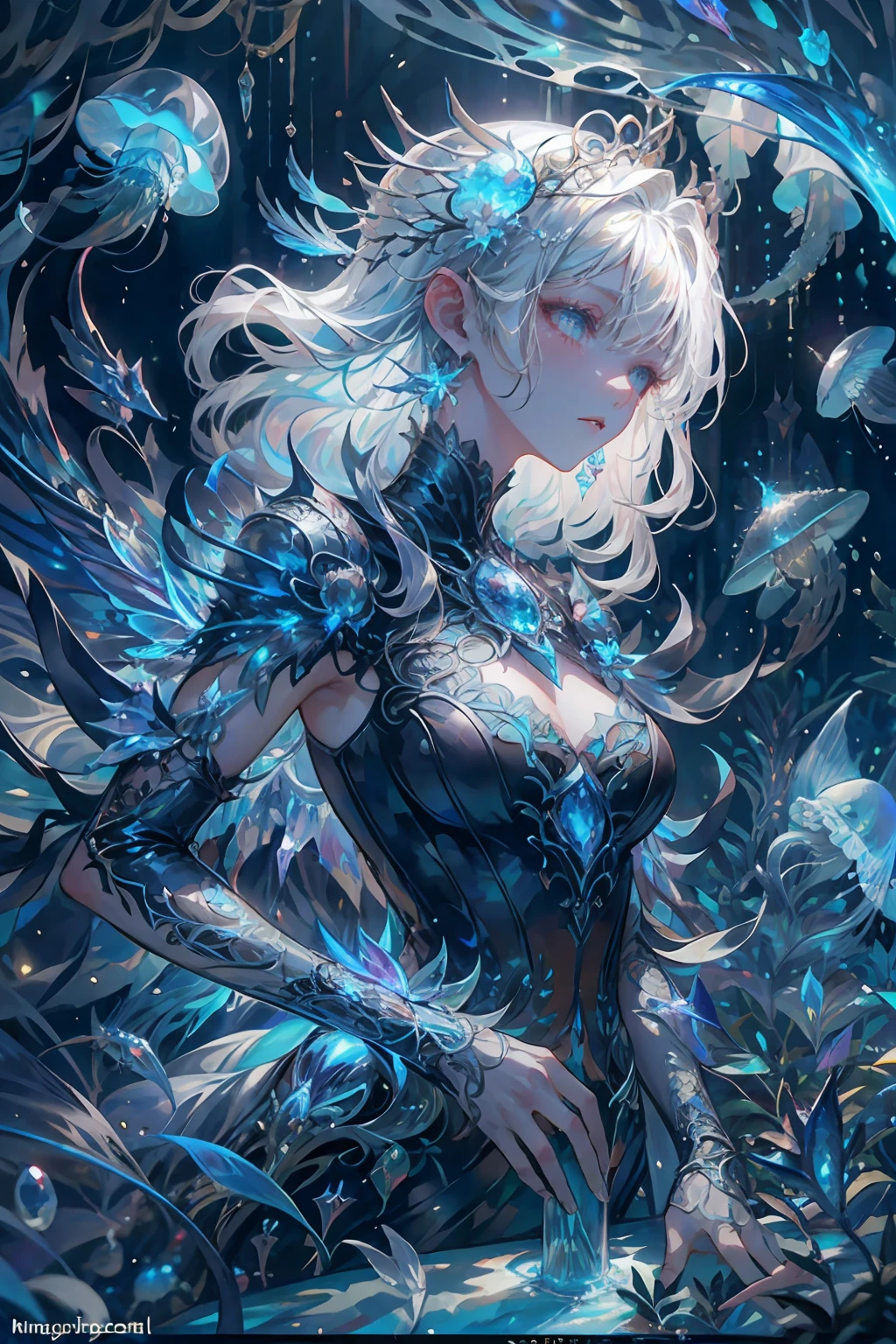 Masterpiece, High Quality, Ocean Forest, City, Fantastic Fantasy, Glowing Plants, Coral Viaduct, (Swarm of Glowing Jellyfish), (Shoal of Fish with Transparent Wings Flying in the Sky), Misty, Extreme Detail, Morning Light, Epic Composition, (Intricate Detail), (Intricate Design, Ultra Detail: 1.2), Art Station, (Masterpiece, Best Quality), Ultra HD, 32k ,castle,1girl