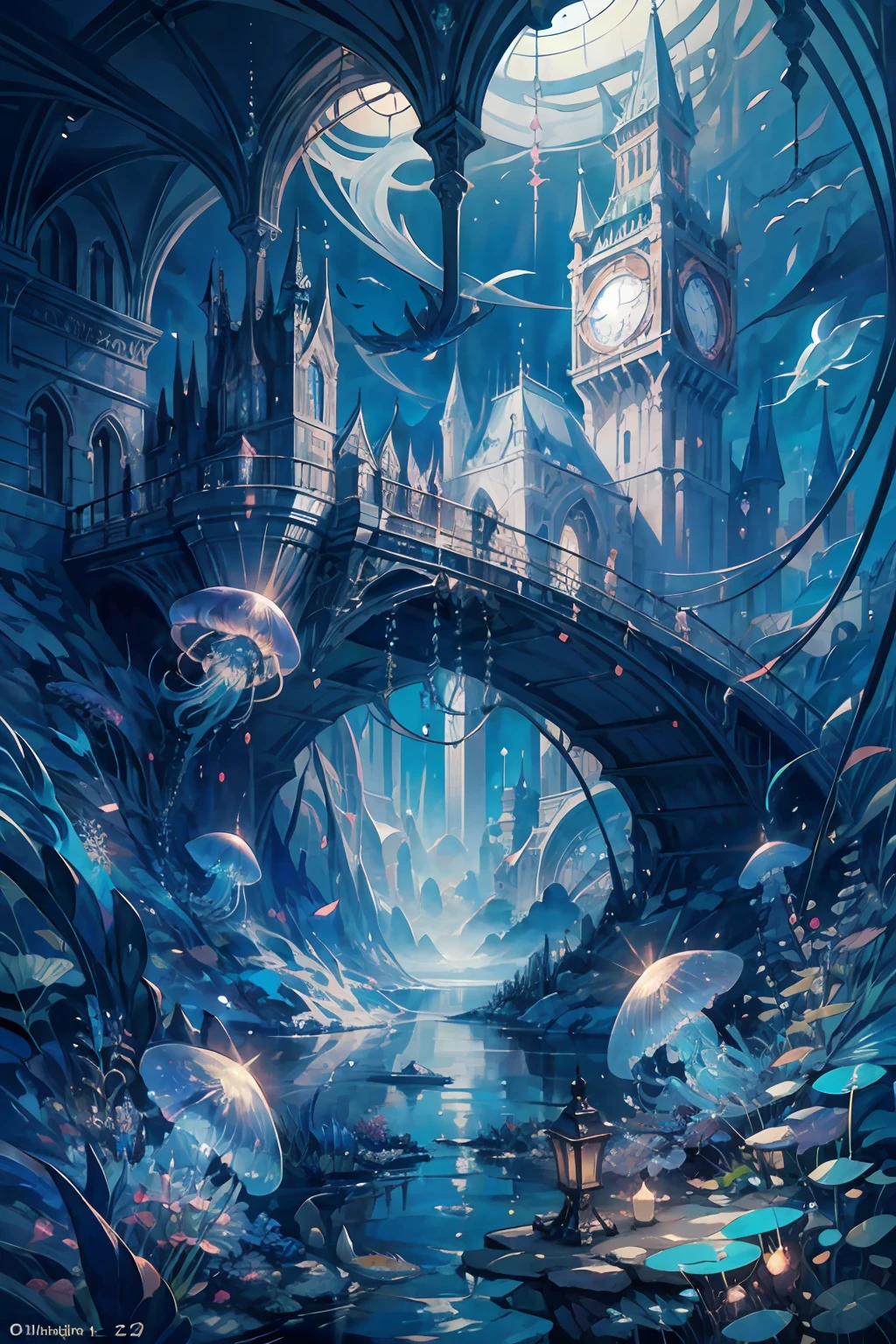 Masterpiece, High Quality, Ocean Forest, City, Fantastic Fantasy, Glowing Plants, Coral Viaduct, (Swarm of Glowing Jellyfish), (Shoal of Fish with Transparent Wings Flying in the Sky), Misty, Extreme Detail, Morning Light, Epic Composition, (Intricate Detail), (Intricate Design, Ultra Detail: 1.2), Art Station, (Masterpiece, Best Quality), Ultra HD, 32k ,castle,1girl