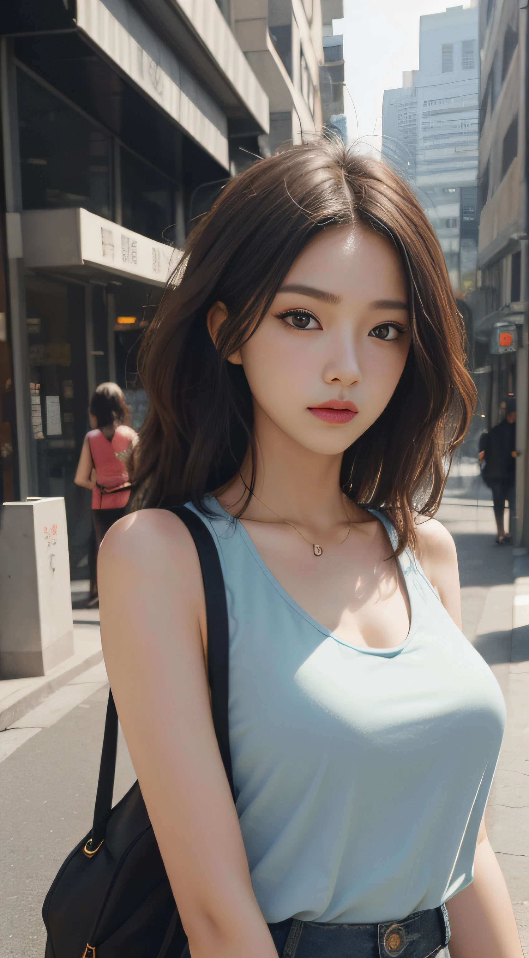 (Magazine cover style illustration of a vibrant, stylish woman dressed),((Best quality, 8k, Masterpiece :1.3)), Sharp focus :1.2, perfect figure beautiful woman:1.4, Slim abs:1.2, ((Layered Hair Style,)), (Tank top shirt:1.1 ), (the street:1.2), Highly detailed facial and skin texture, A detailed eye, 二重まぶた