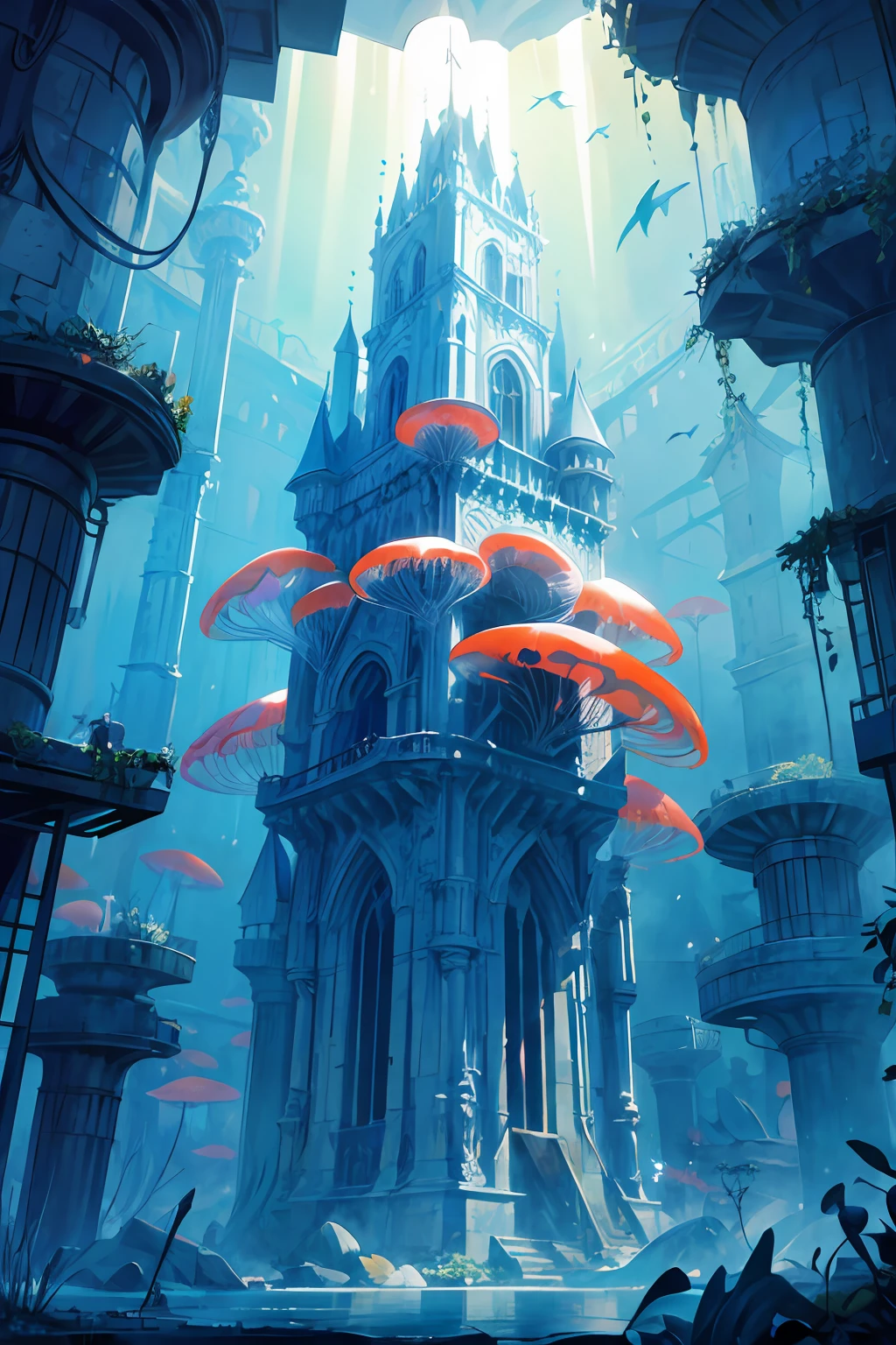 Masterpiece, High Quality, Ocean Forest, City, Fantastic Fantasy, Glowing Plants, Coral Viaduct, (Swarm of Glowing Jellyfish), (Shoal of Fish with Transparent Wings Flying in the Sky), Misty, Extreme Detail, Morning Light, Epic Composition, (Intricate Detail), (Intricate Design, Ultra Detail: 1.2), Art Station, (Masterpiece, Best Quality), Ultra HD, 32k ,castle,1girl