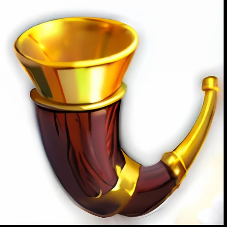 a gold and brown pipe with a gold crown on top, single horn, rpg item, horn, pipe, half - demon horn, league of legends inventory item, golden pommel, rpg game item, brass horns, horns, animal horn, smoking pipe, elder ring, mage smoking pipe, gold ram horns, with large golden pipes, winding horn, demon horn