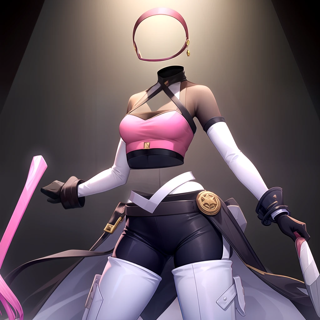 Leather pants, white boots, pink tube top, best quality, masterpiece, invisible, headless