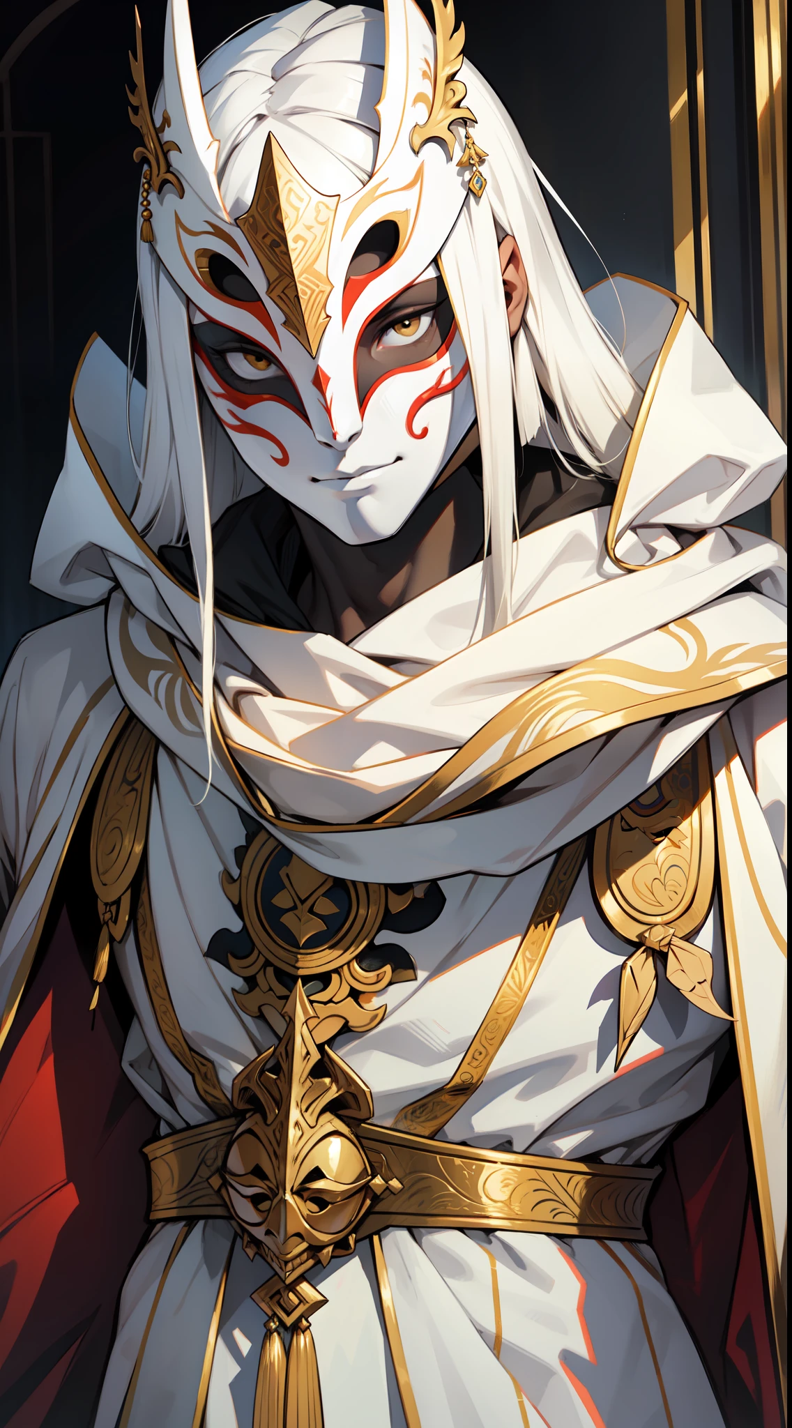 White Venetian mask, sozinho, Homem, sobretudo, fundo cinza, porcelain mask, Jabbawokezz mask