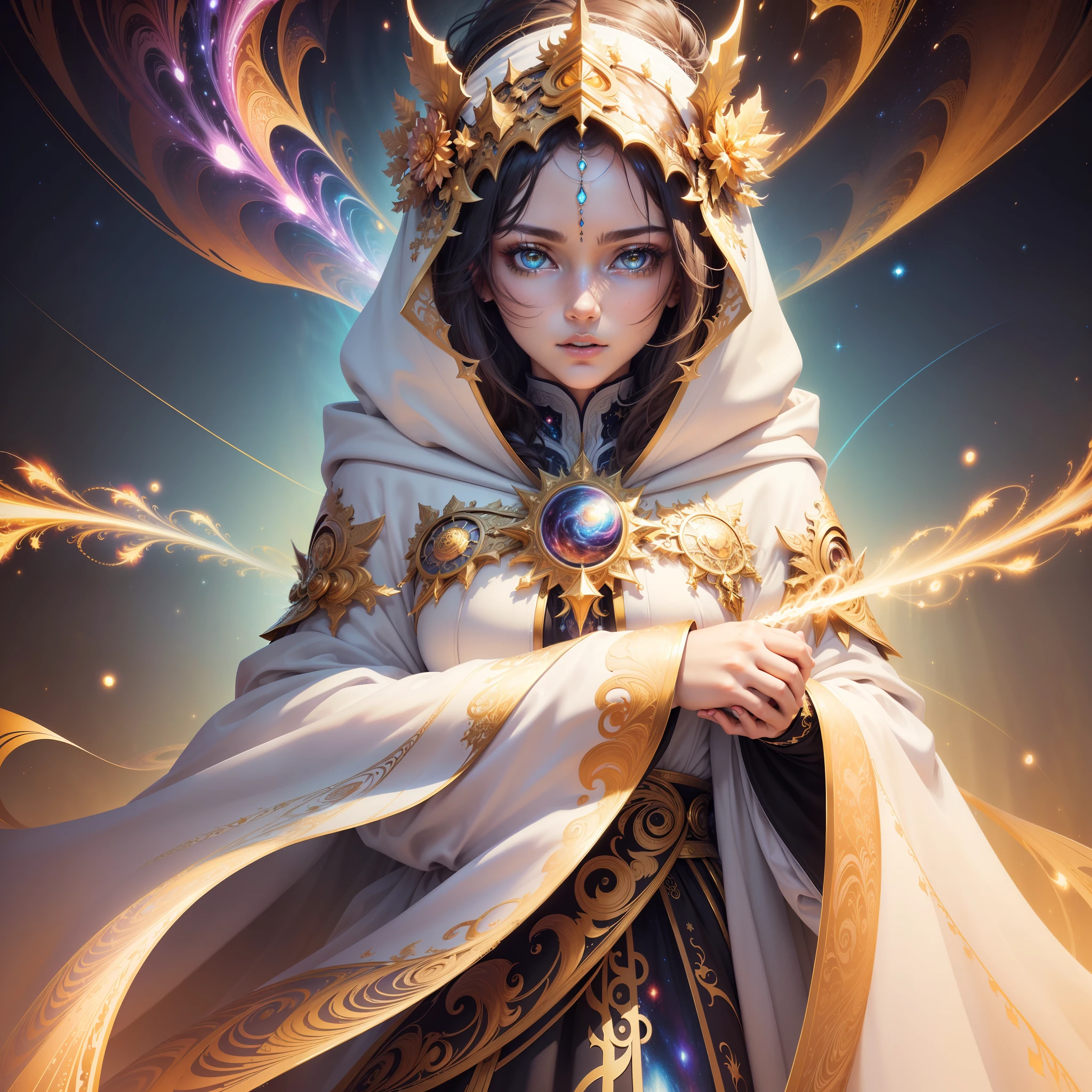 (masterpiece, top quality, best quality, official art, beautiful and aesthetic:1.2), (1girl), extreme detailed, (fractal art:1.3), colorful, highest detailed, perfect face, upper body, HDR, (praying:1.3), (white cloak golden lines:1.2), galaxy, (light streaks), striking visuals, (dynamic streaks, luminous trails:1.2), vibrant colors,