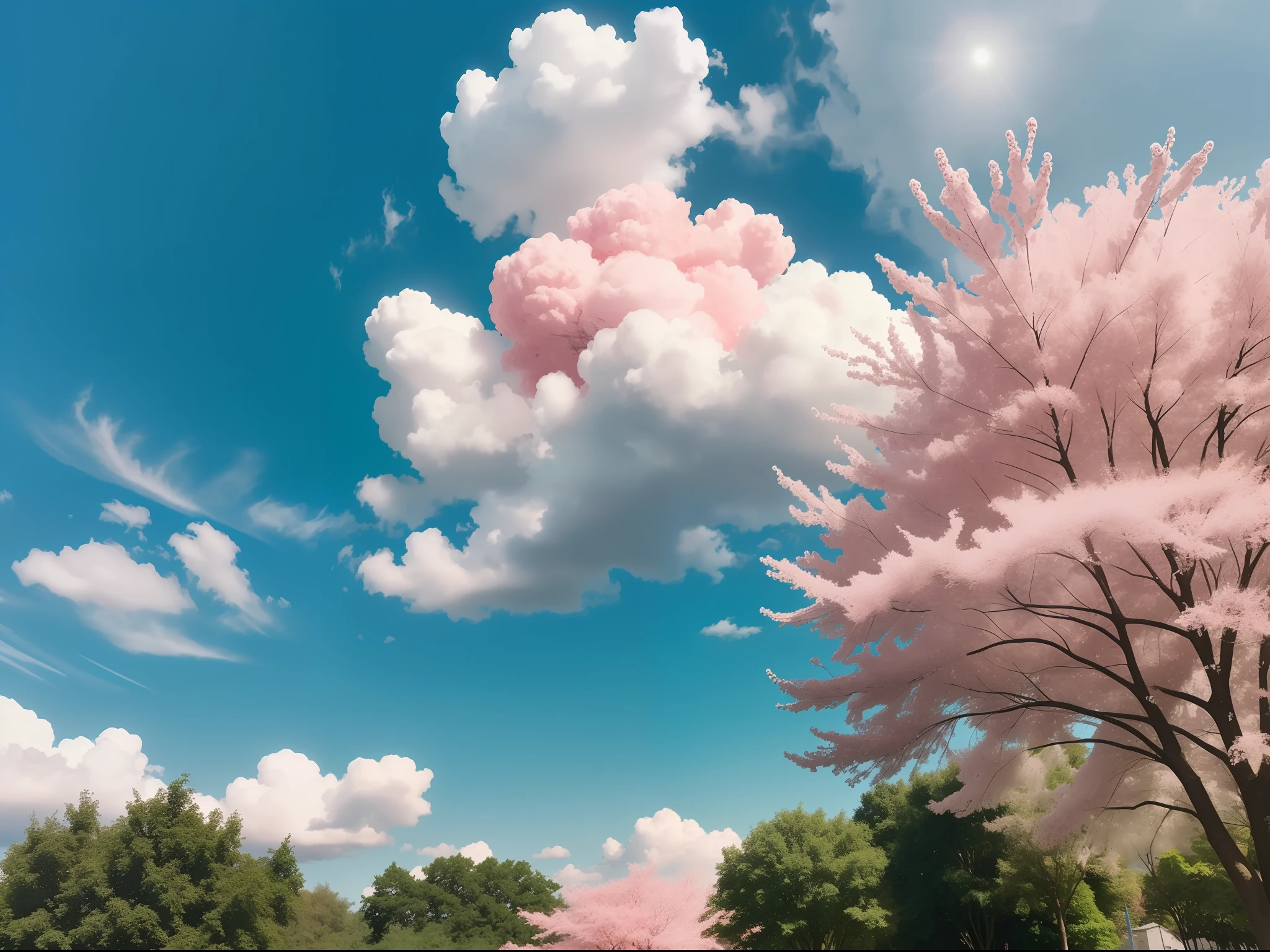 Blue sky and white clouds, green trees, sunshine, pink and red colour.