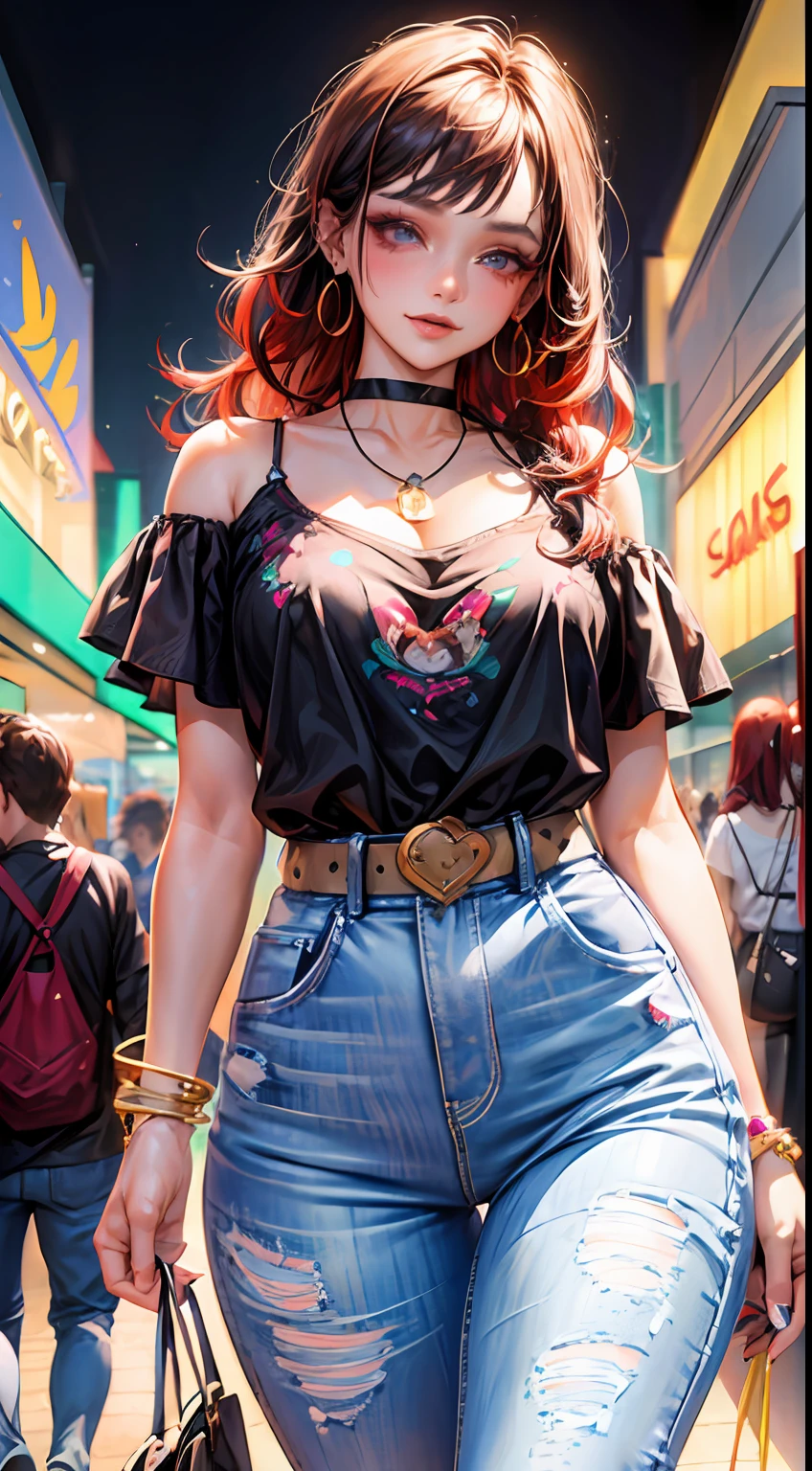 (masterpiece:1.2), (best quality:1.2), perfect eyes, perfect face, perfect lighting, 1girl, mature female, smiling, long red hair, straight hair, sophisticated haircut, stylish, single bare shoulder shirt long, music band print, jewelry, necklace, earrings, armlets, lacey choker, belt, low cut black jeans, thick eyelashes, makeup, eyeshadow, detailed mall background, crowd